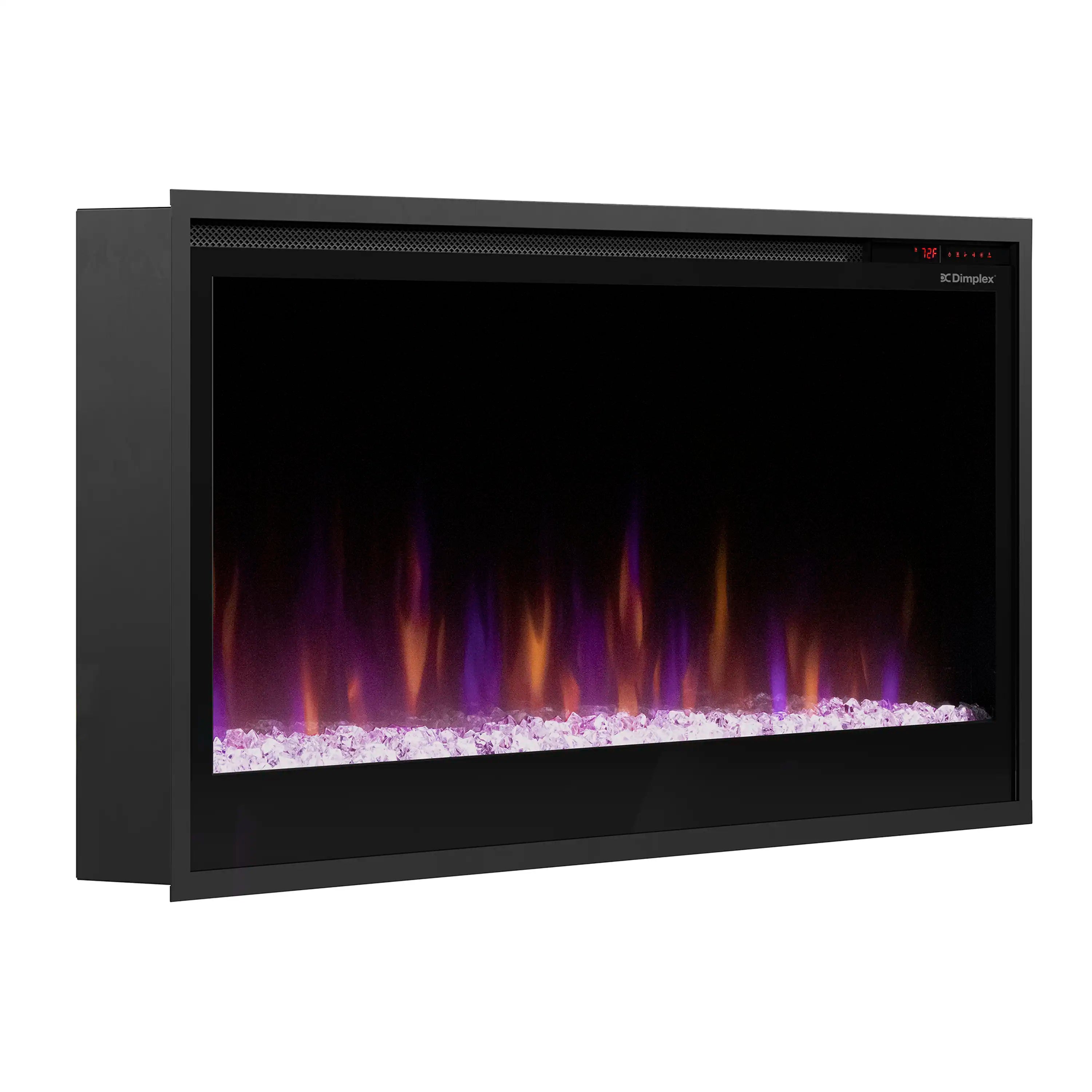 Built-in linear electric fireplace with black frame and purple flame display