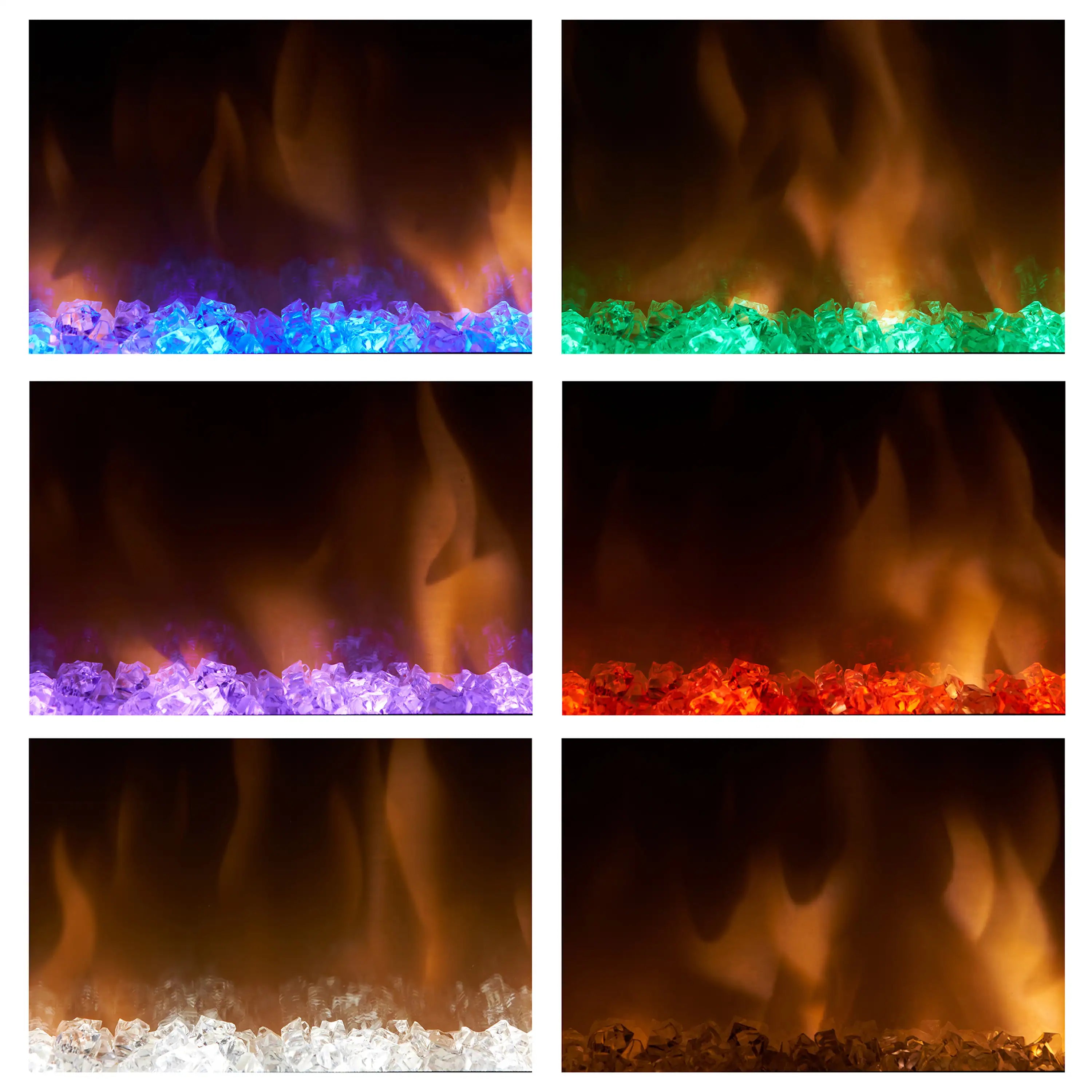 Linear electric fireplace with multicolor flame effects and white faux logs