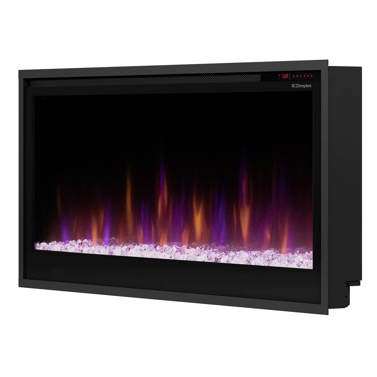 Built-in linear electric fireplace with purple flames and white faux logs
