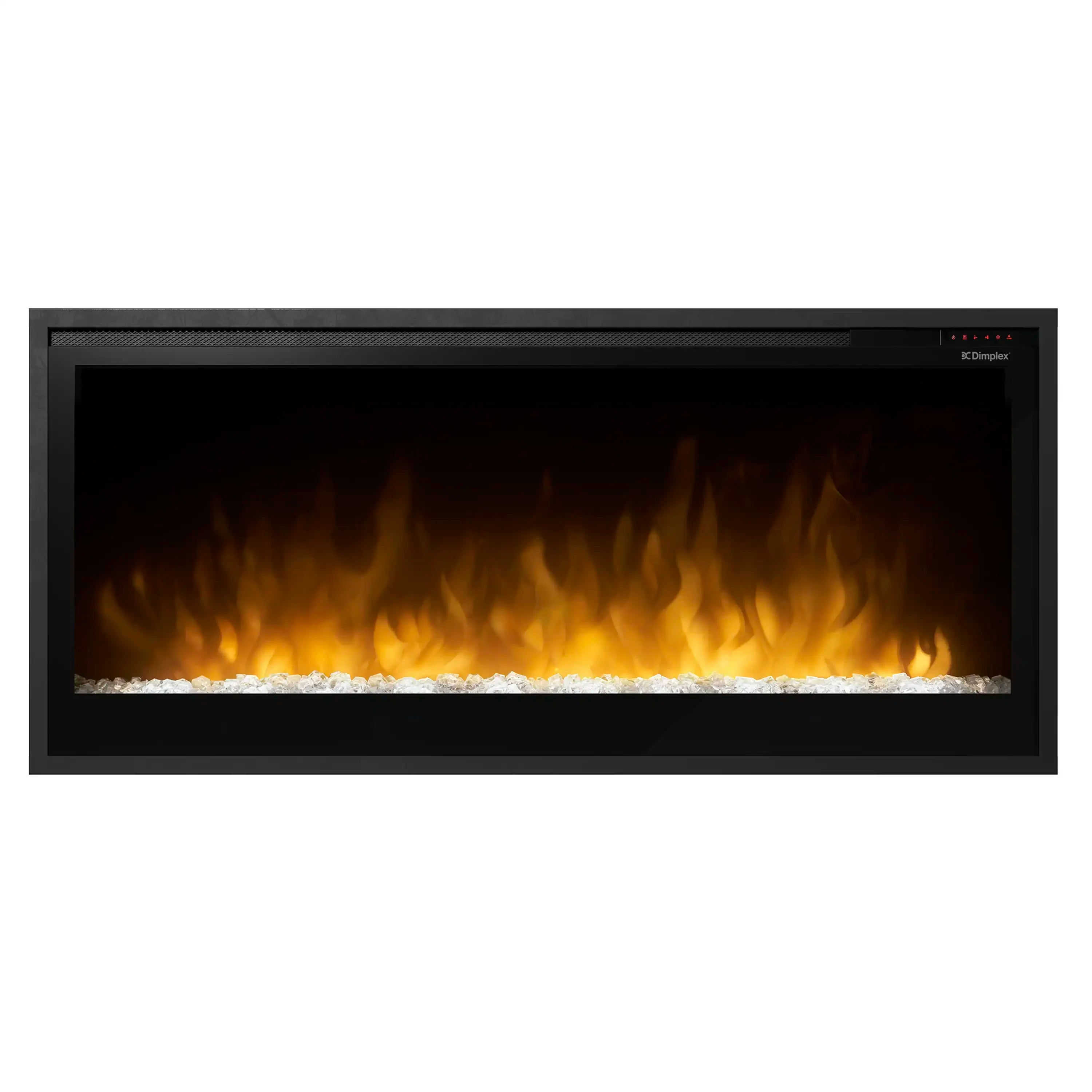 Built-in linear electric fireplace with black frame and glowing flame window
