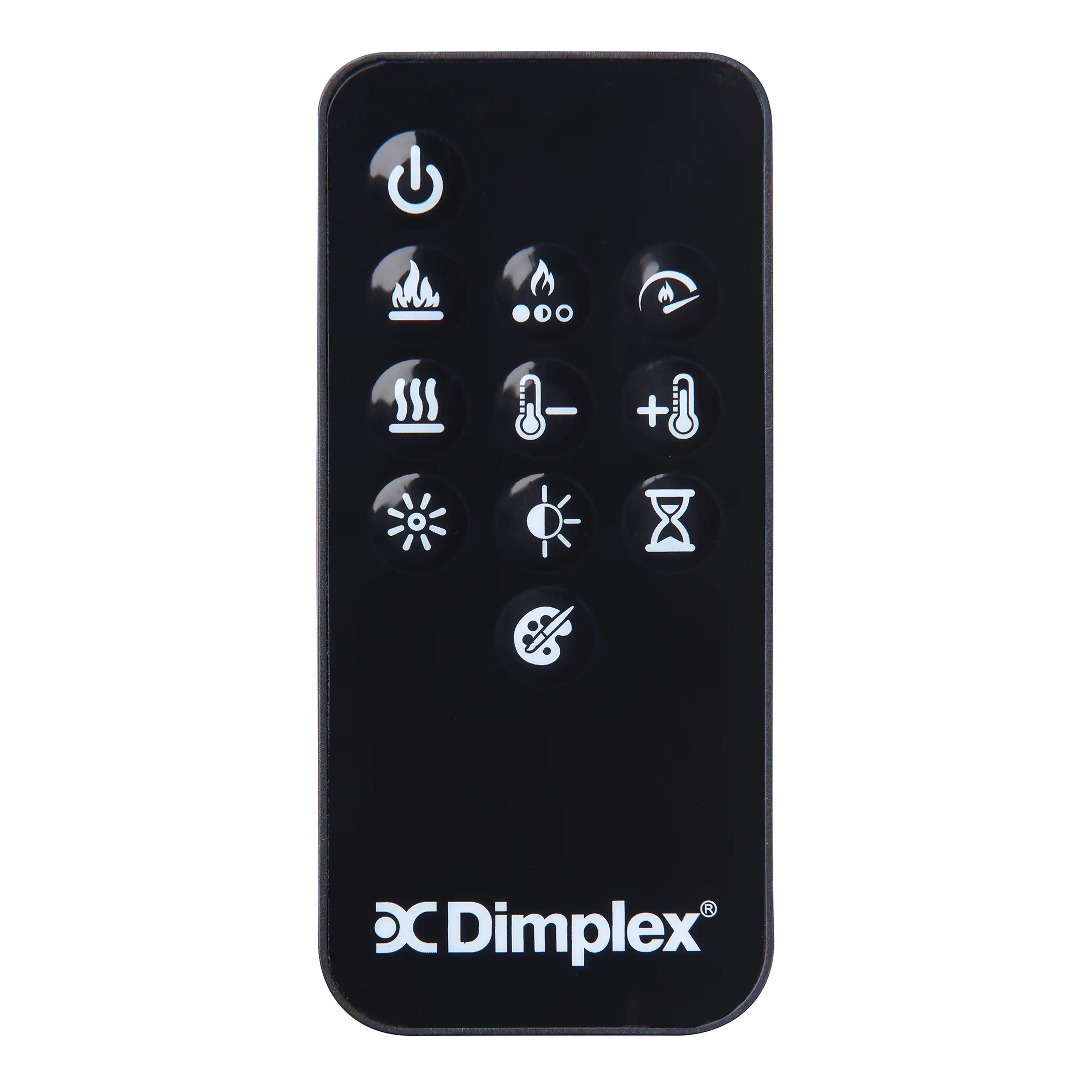 Dimplex remote control with black face and white icon buttons, including power symbol