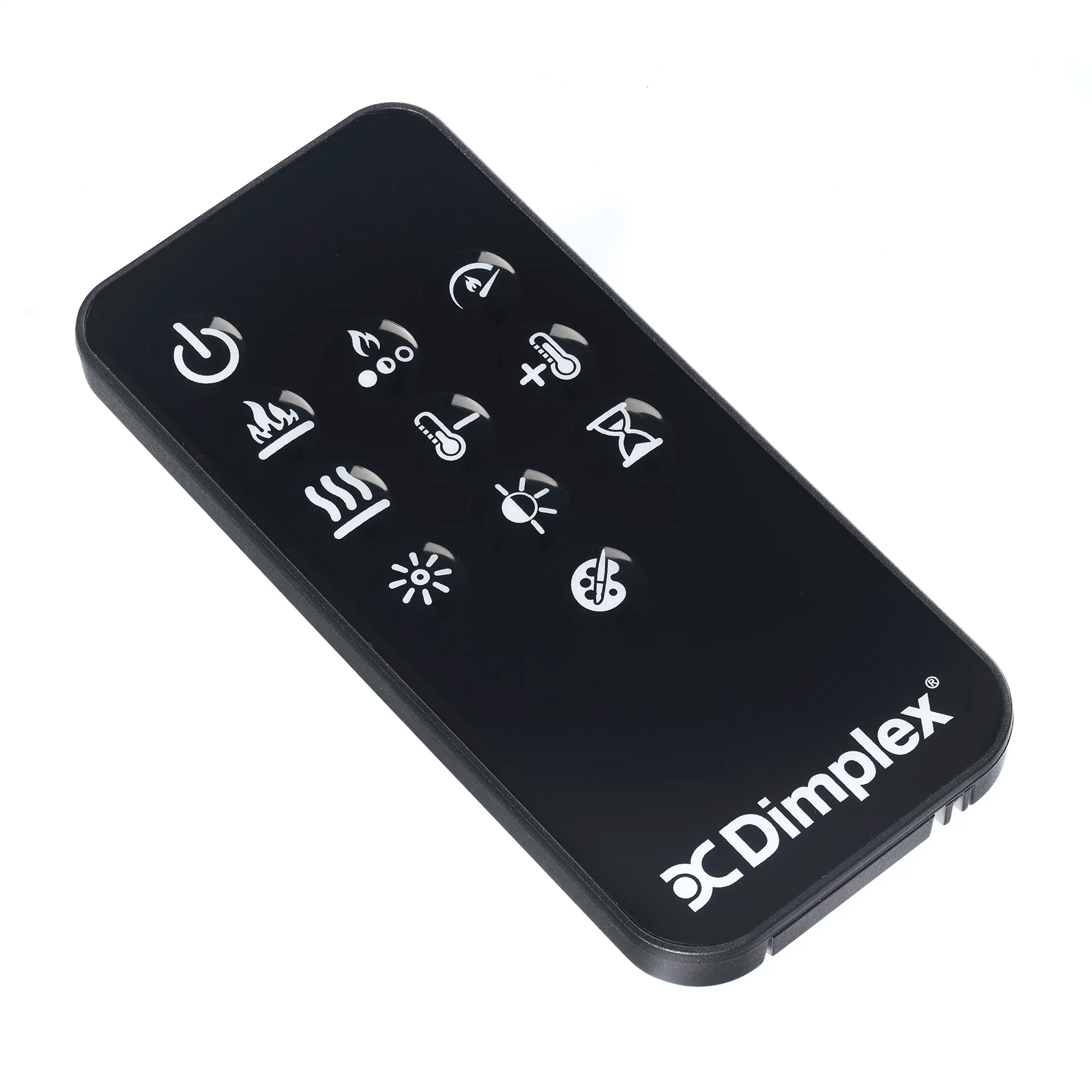 Dimplex handheld remote control with angled black design and white function icons