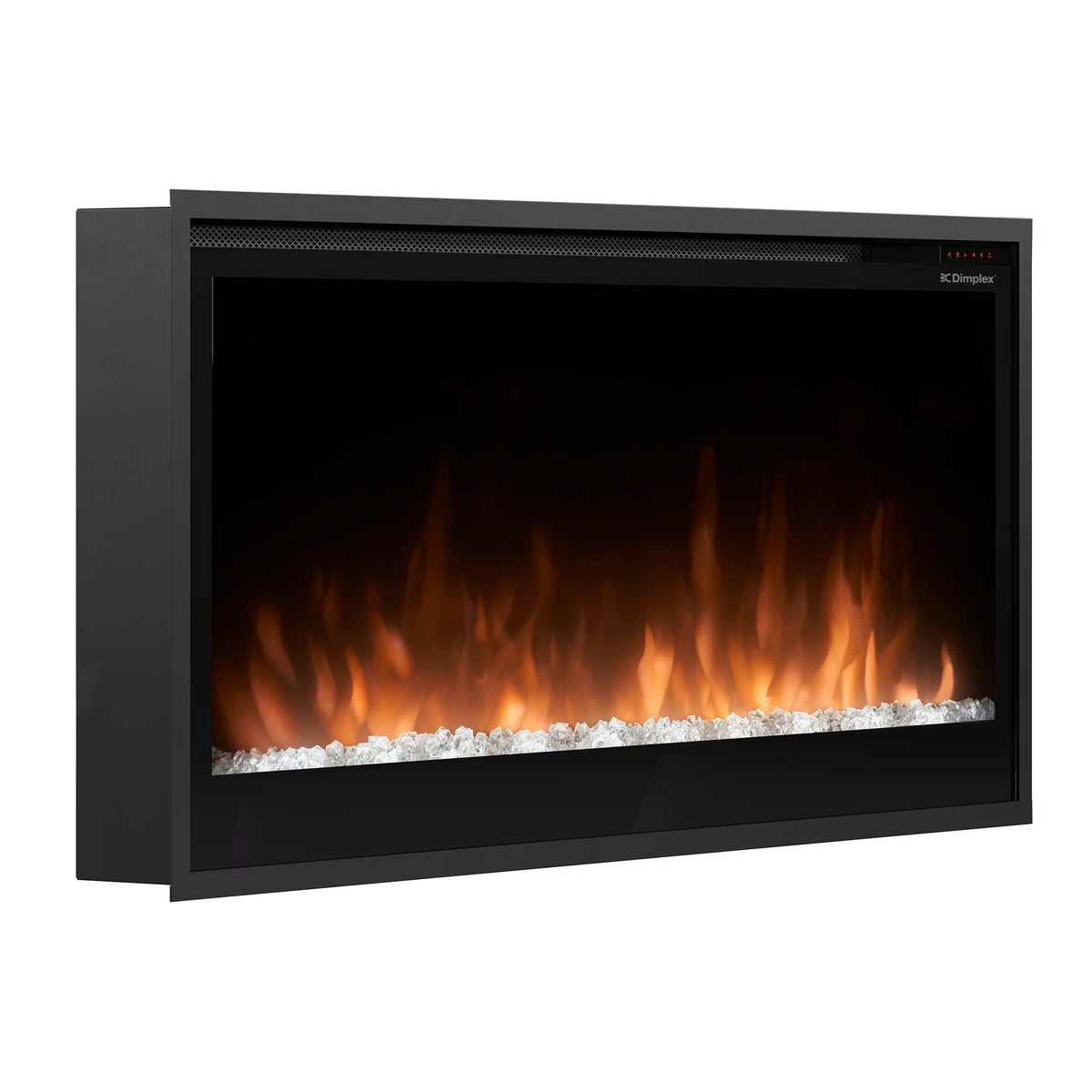 Built-in linear electric fireplace with amber-orange flames and white faux logs