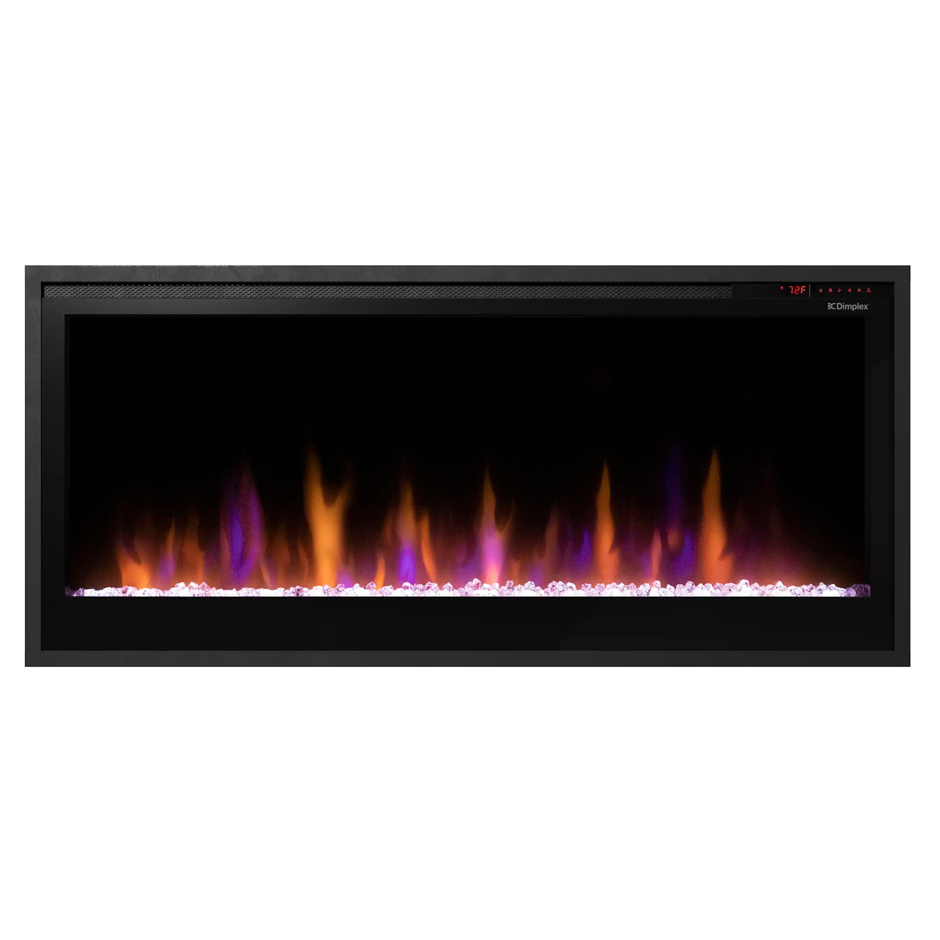 Linear electric fireplace front view with multi-color flames and small red status LEDs