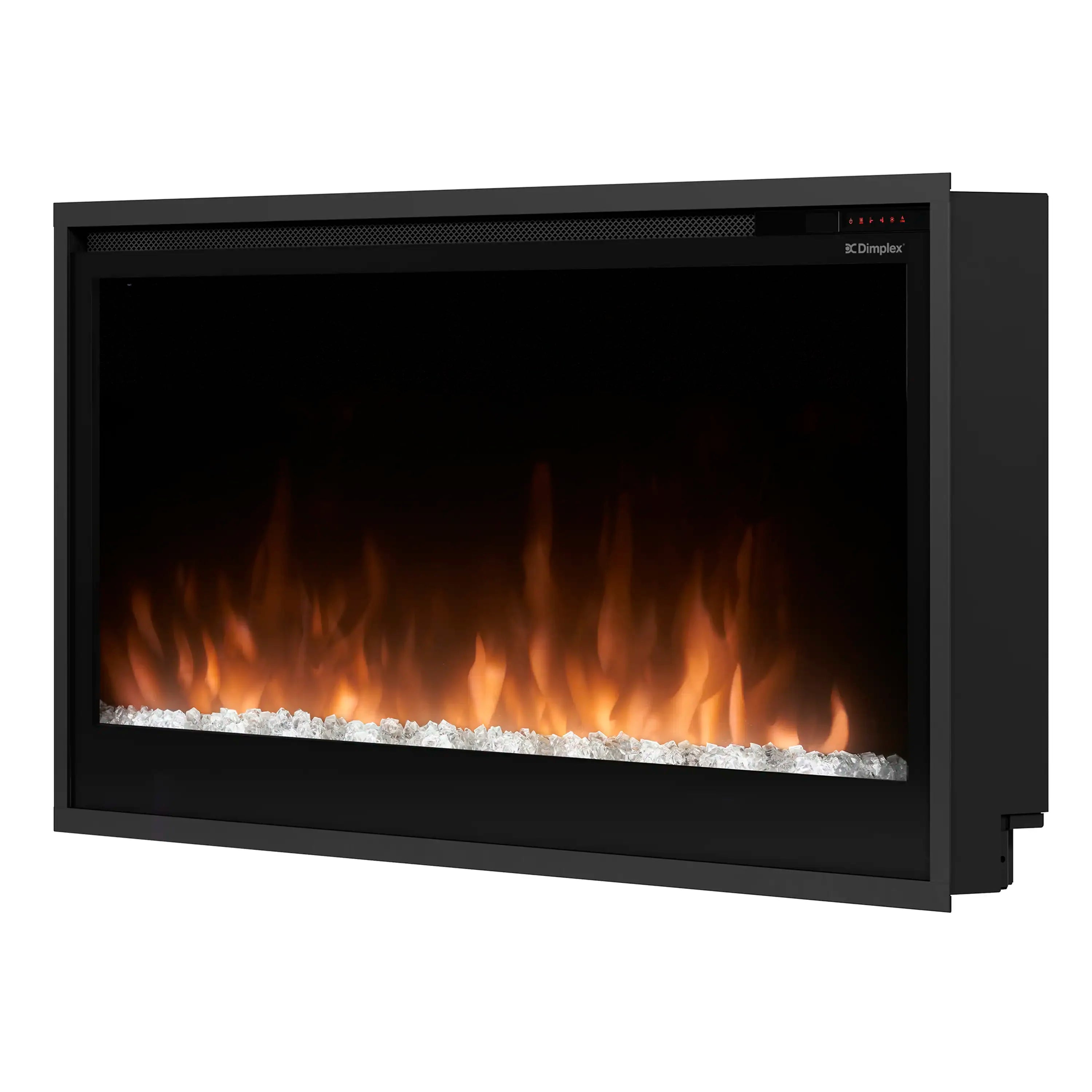 Built-in linear electric fireplace with orange flame display and white faux logs