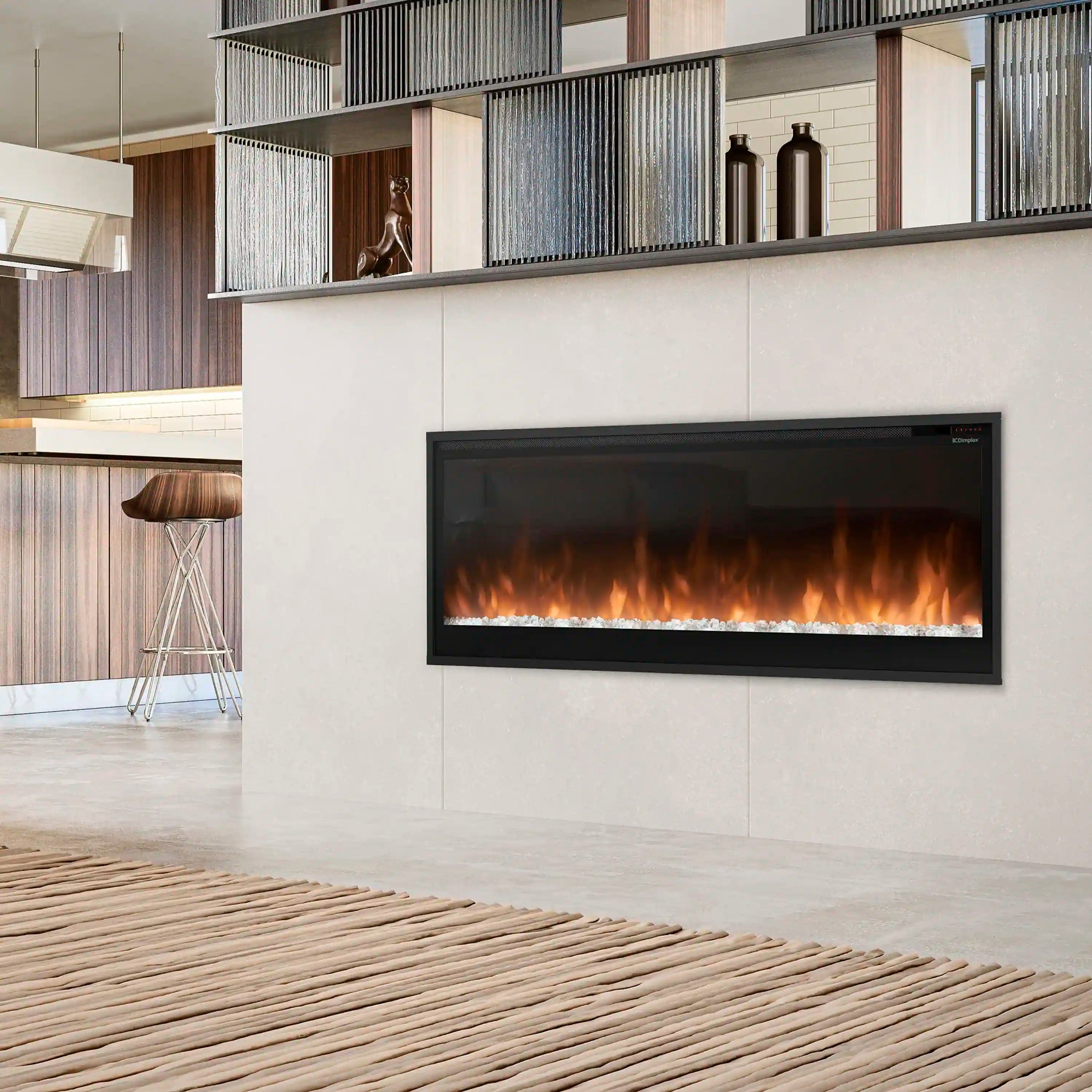 Slim built-in linear electric fireplace with black frame and orange flame effect