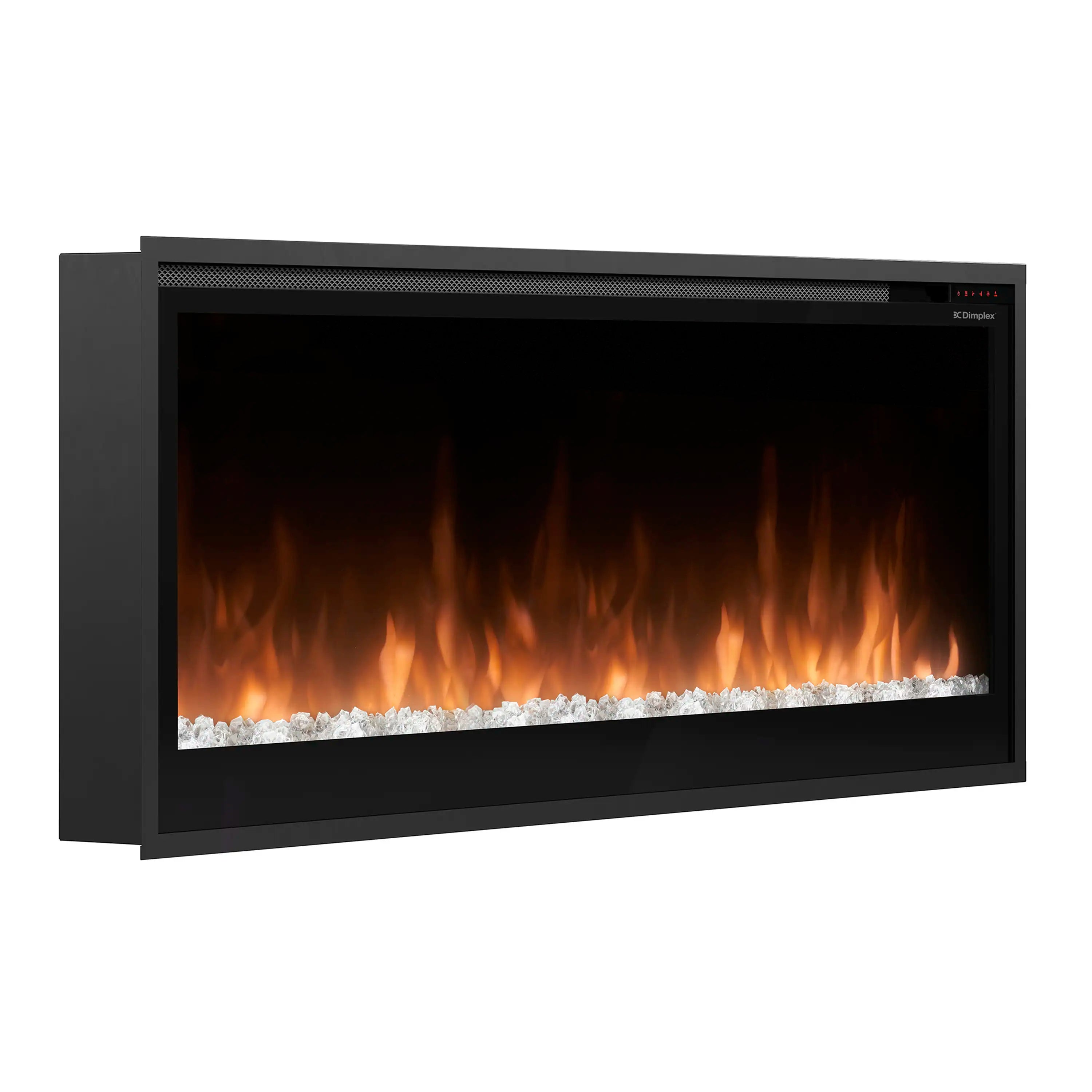 Built-in linear electric fireplace, black frame with orange flames and white fire bed
