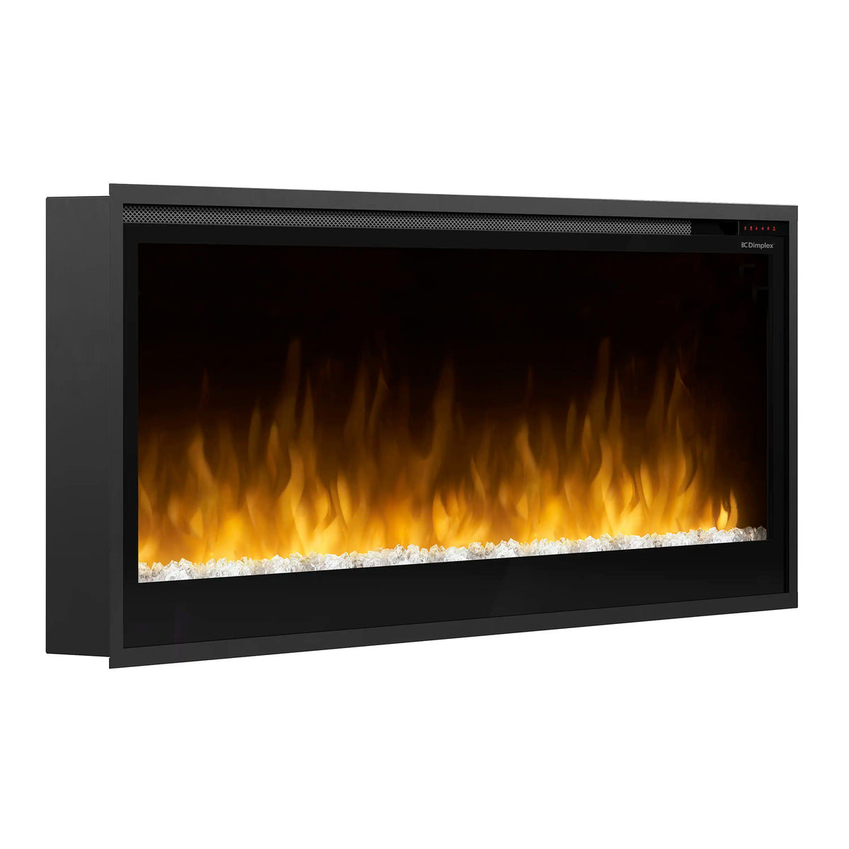 Built-in linear electric fireplace, black frame with yellow flames and white fire bed