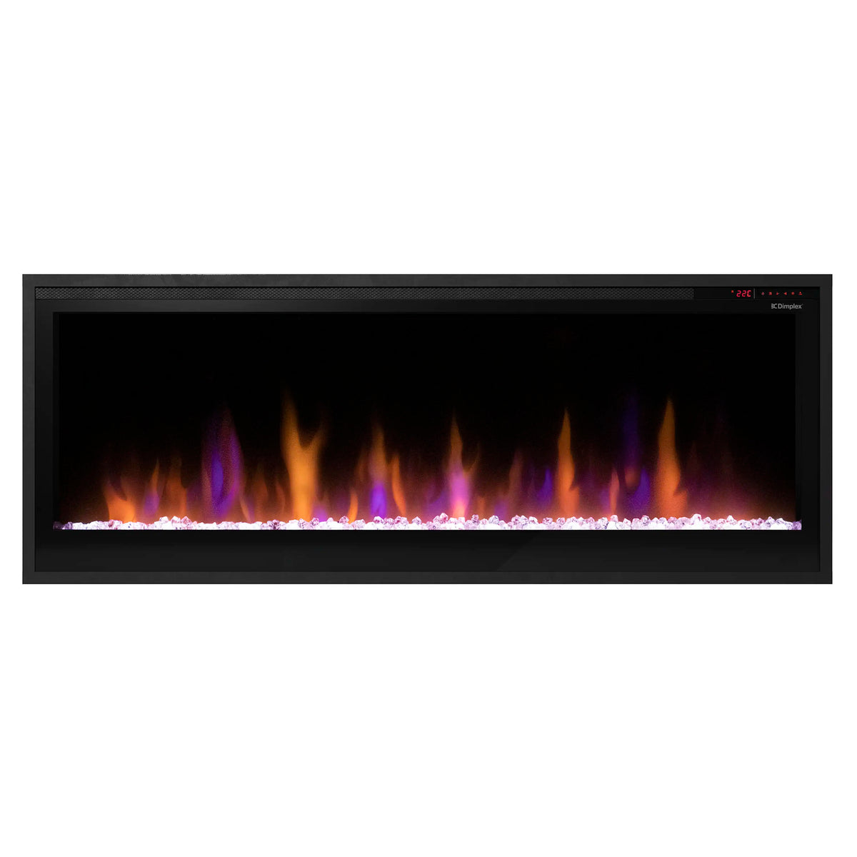 Built-in linear electric fireplace, black frame with purple and orange flames over white embers