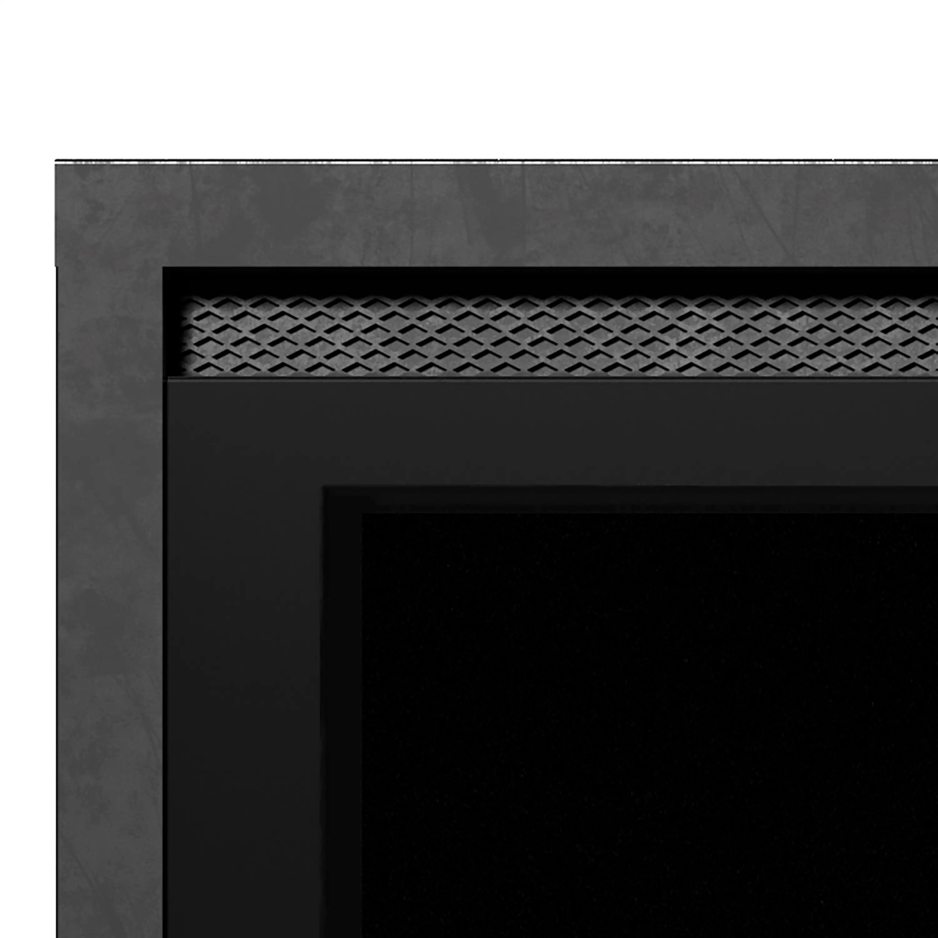 Black built-in fireplace trim with diamond-pattern vent grille at top