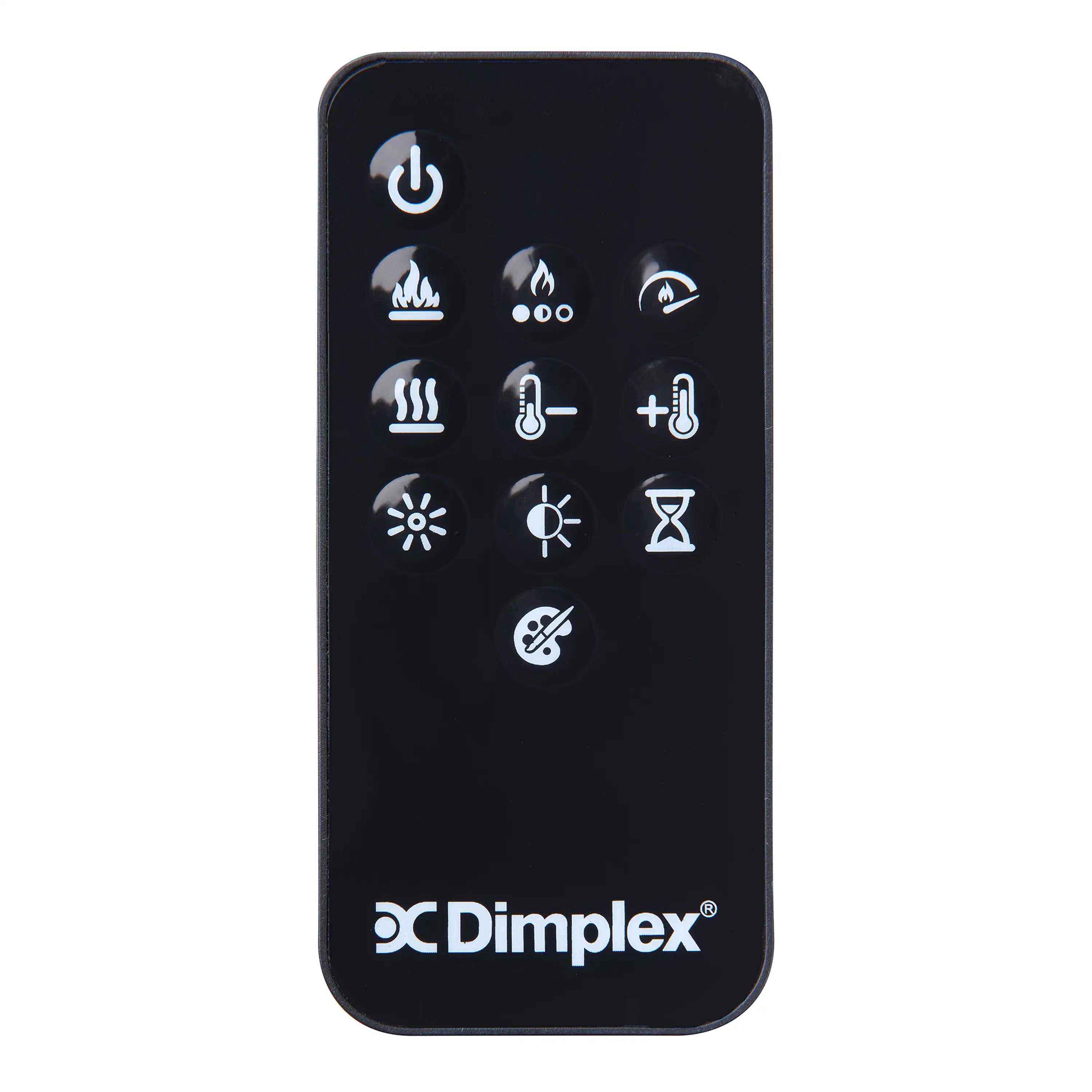 Dimplex electric fireplace remote, black handheld with power, flame, and temperature icons
