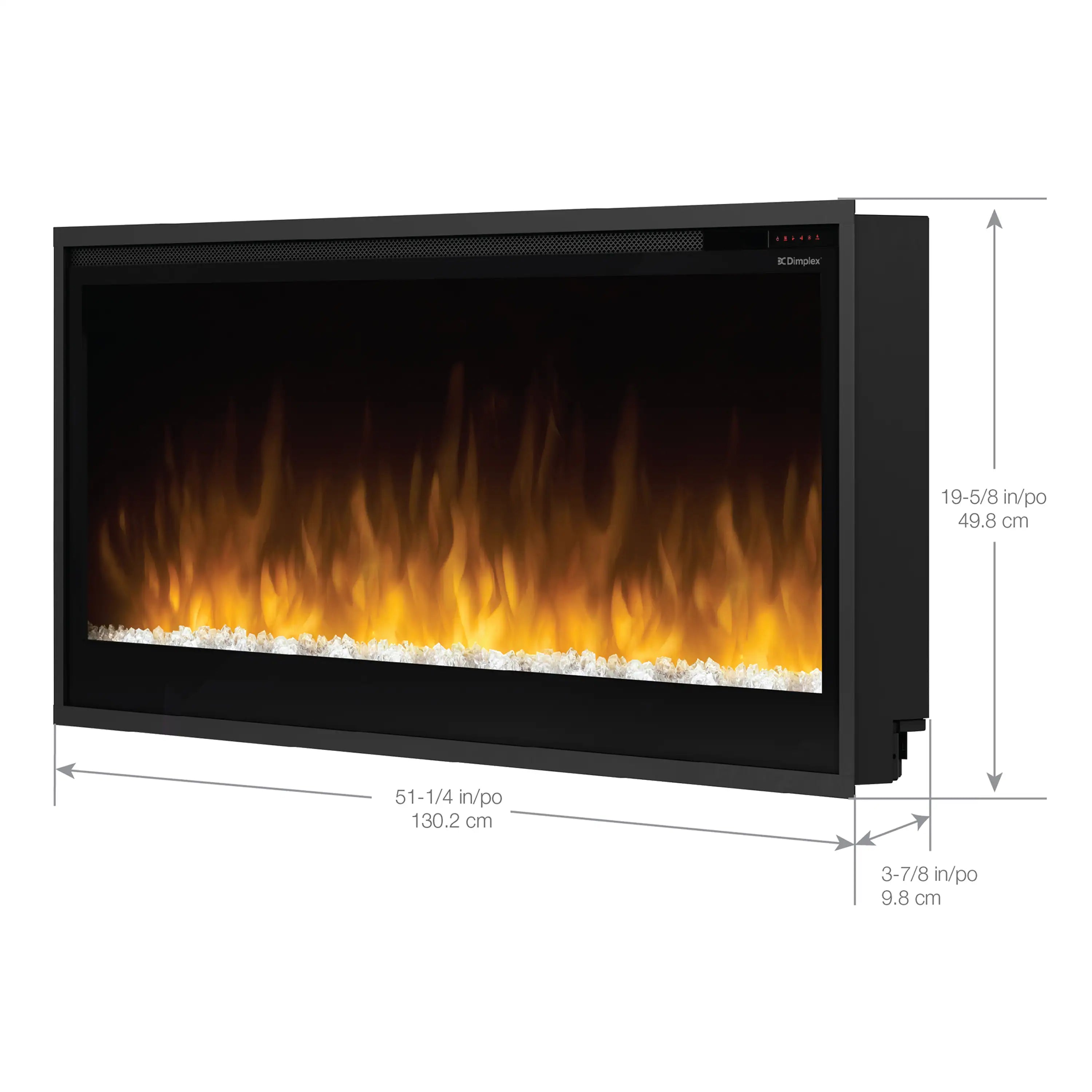 Built-in linear electric fireplace insert with black frame and orange flame display