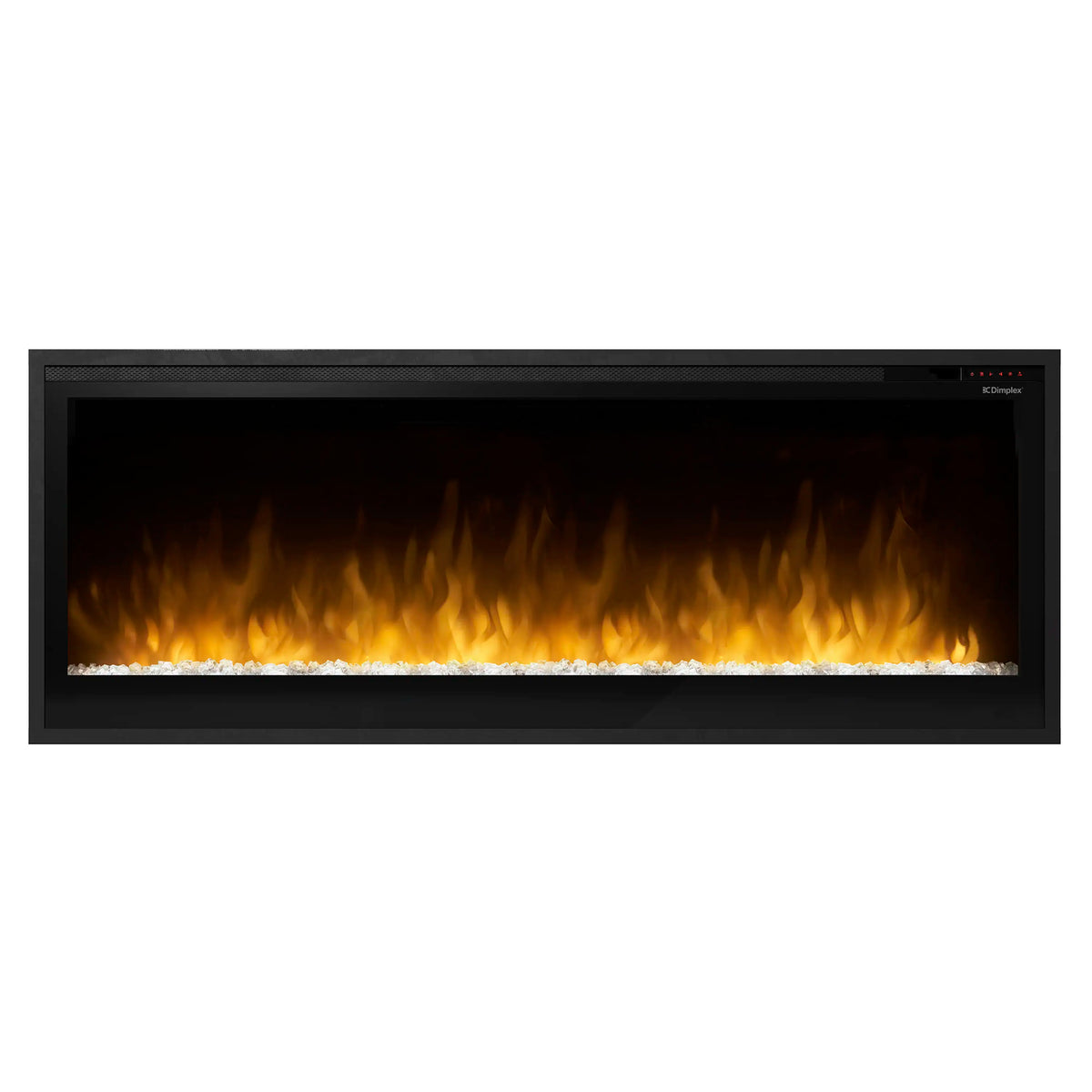 Linear electric fireplace with black trim and bright yellow-orange flame bed view