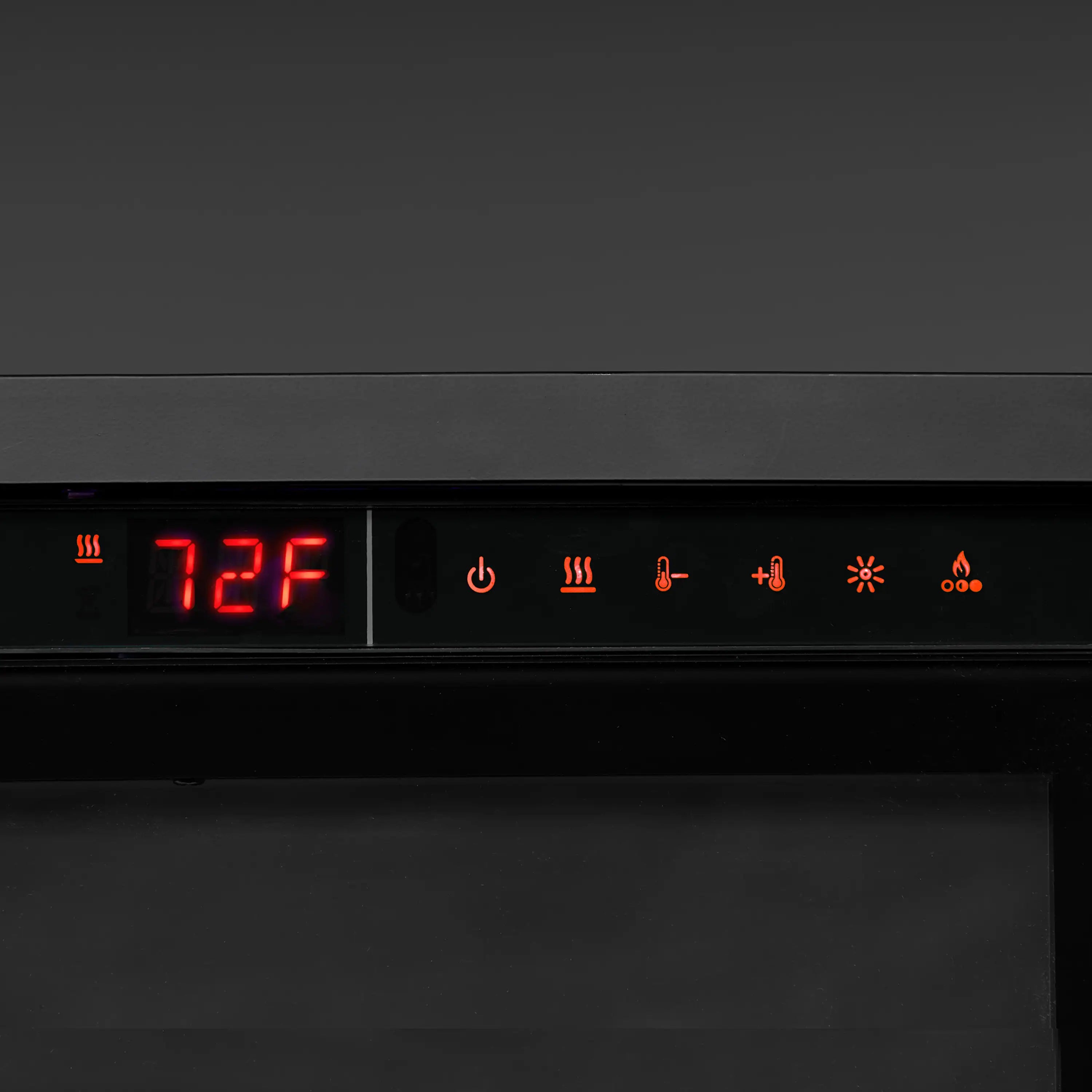 Built-in linear electric fireplace controls with red LED 72°F display and function icons