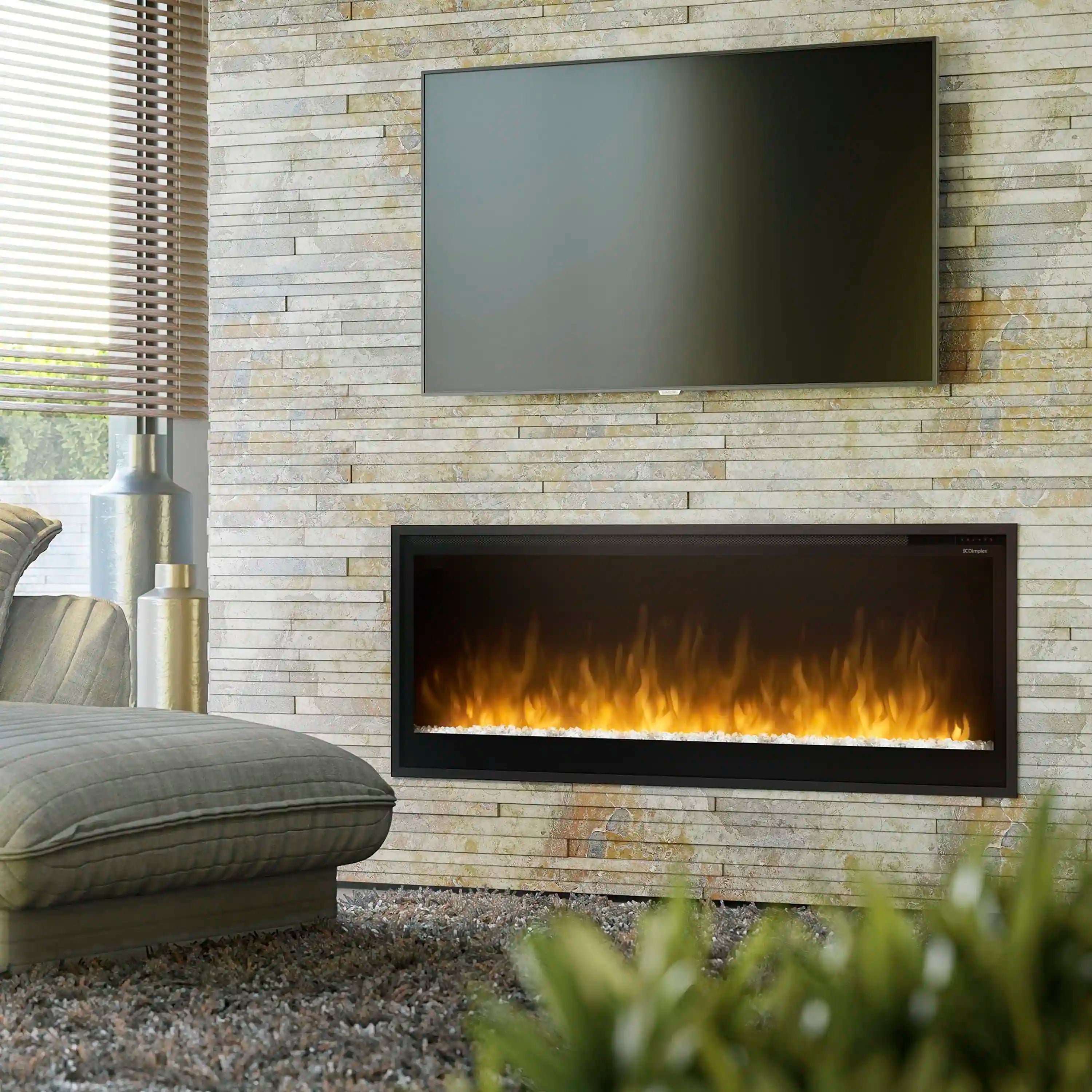 Built-in linear electric fireplace with dark frame and glowing flame display in brick surround