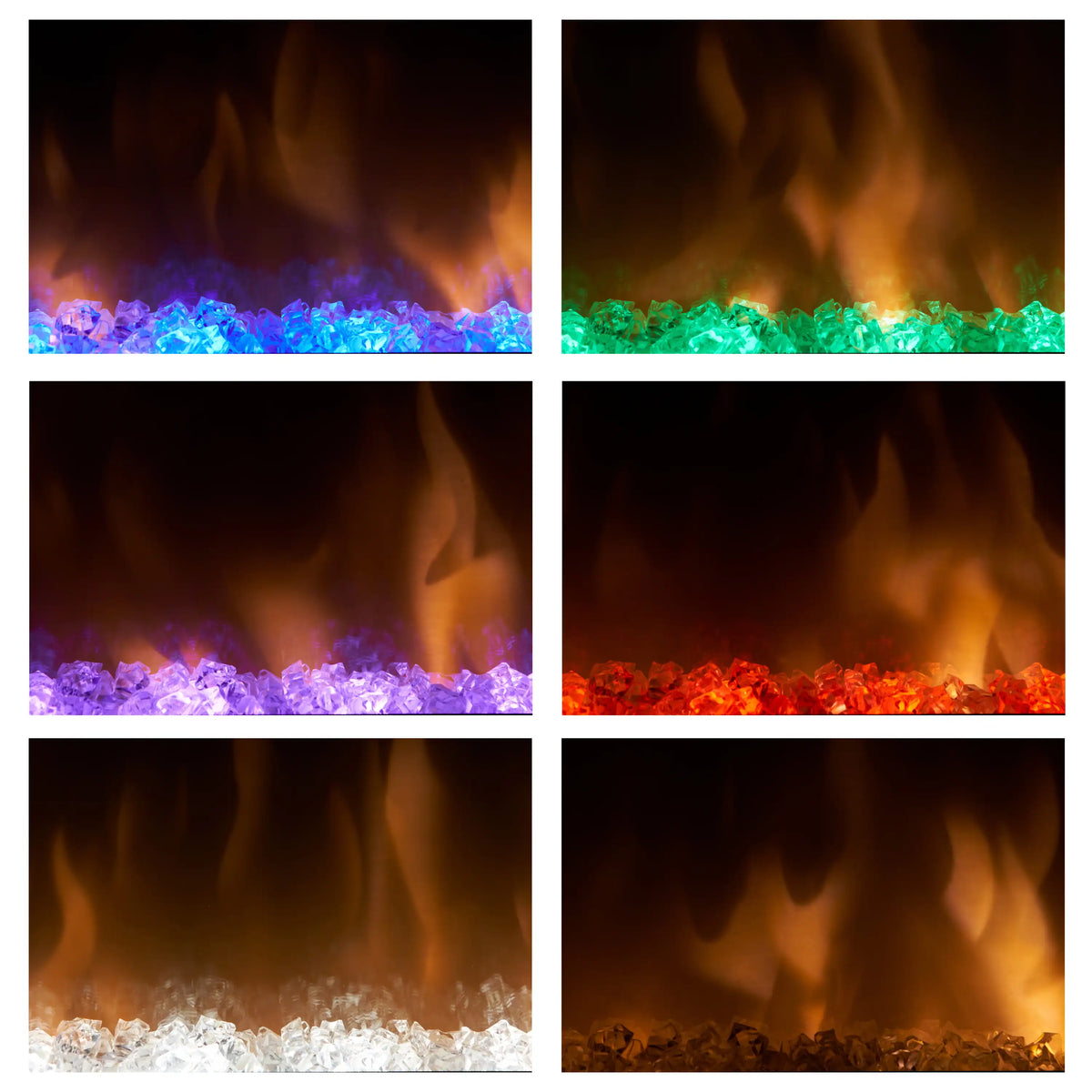 Linear electric fireplace flame effects collage showing multiple colored flame modes