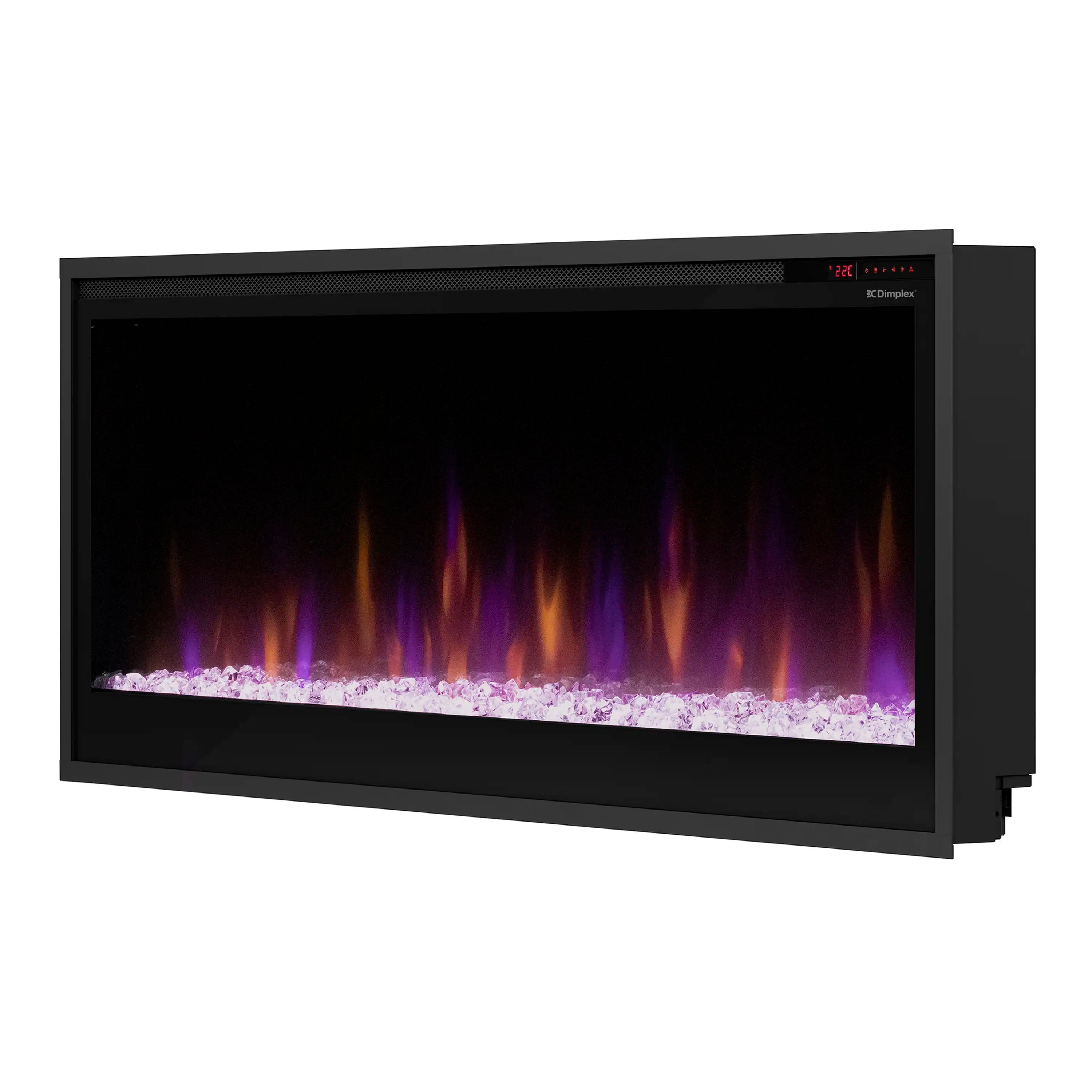Freestanding-style linear electric fireplace display with black frame and violet flame