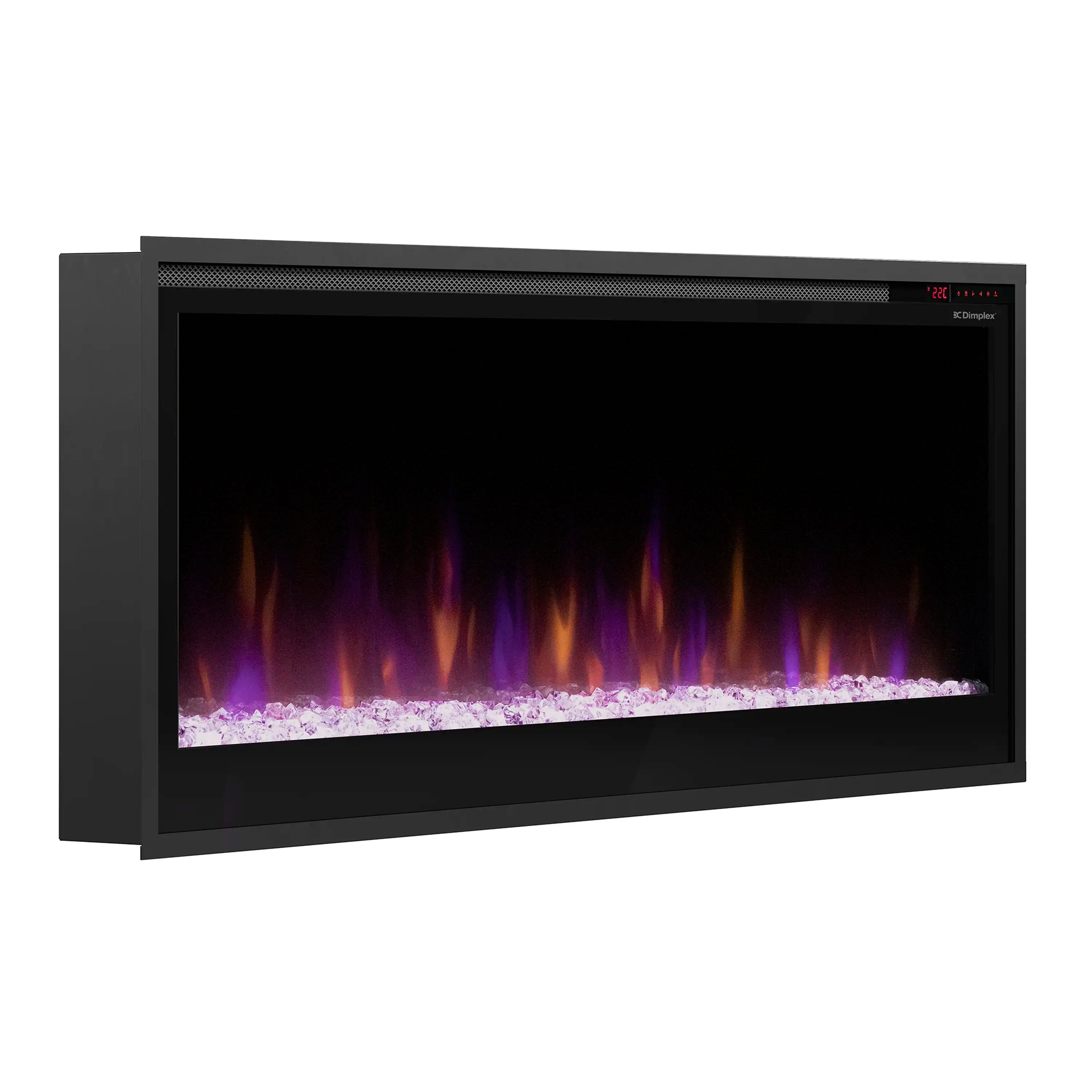 Linear electric fireplace front view with dark frame and multicolor flame lighting