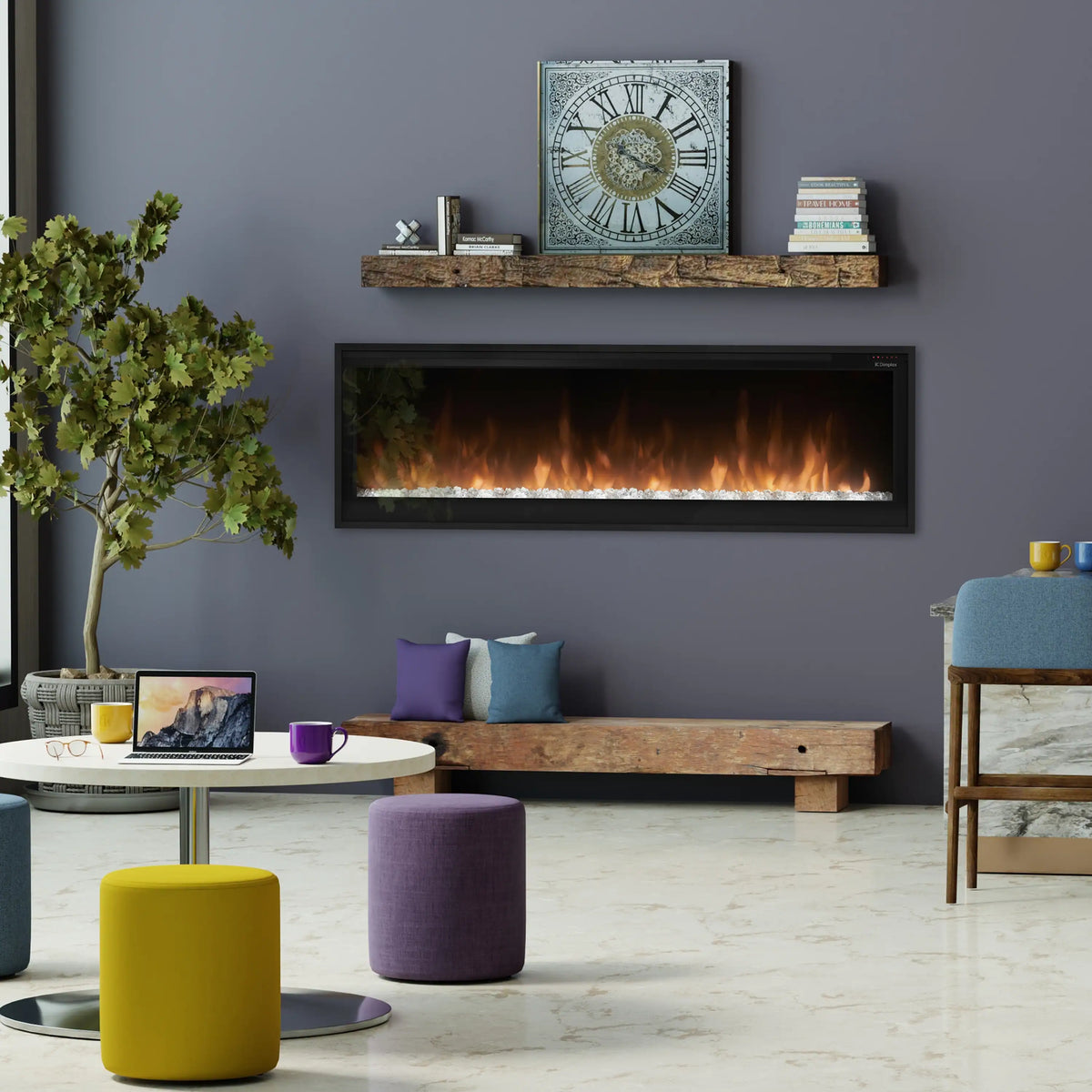 Built-in linear electric fireplace with black frame and orange flame display