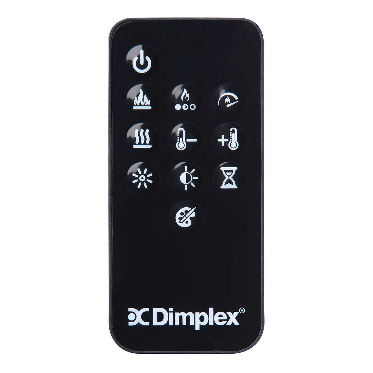 Dimplex electric fireplace remote with power, flame, heat, and timer icons