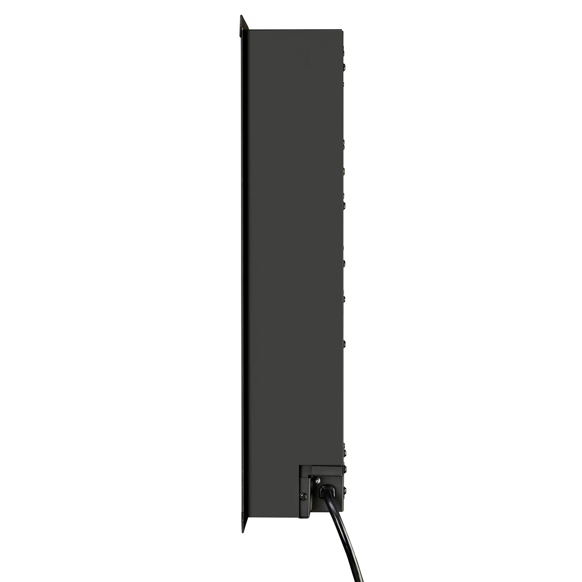 Side view of slim linear electric fireplace with recessed panel and power cord