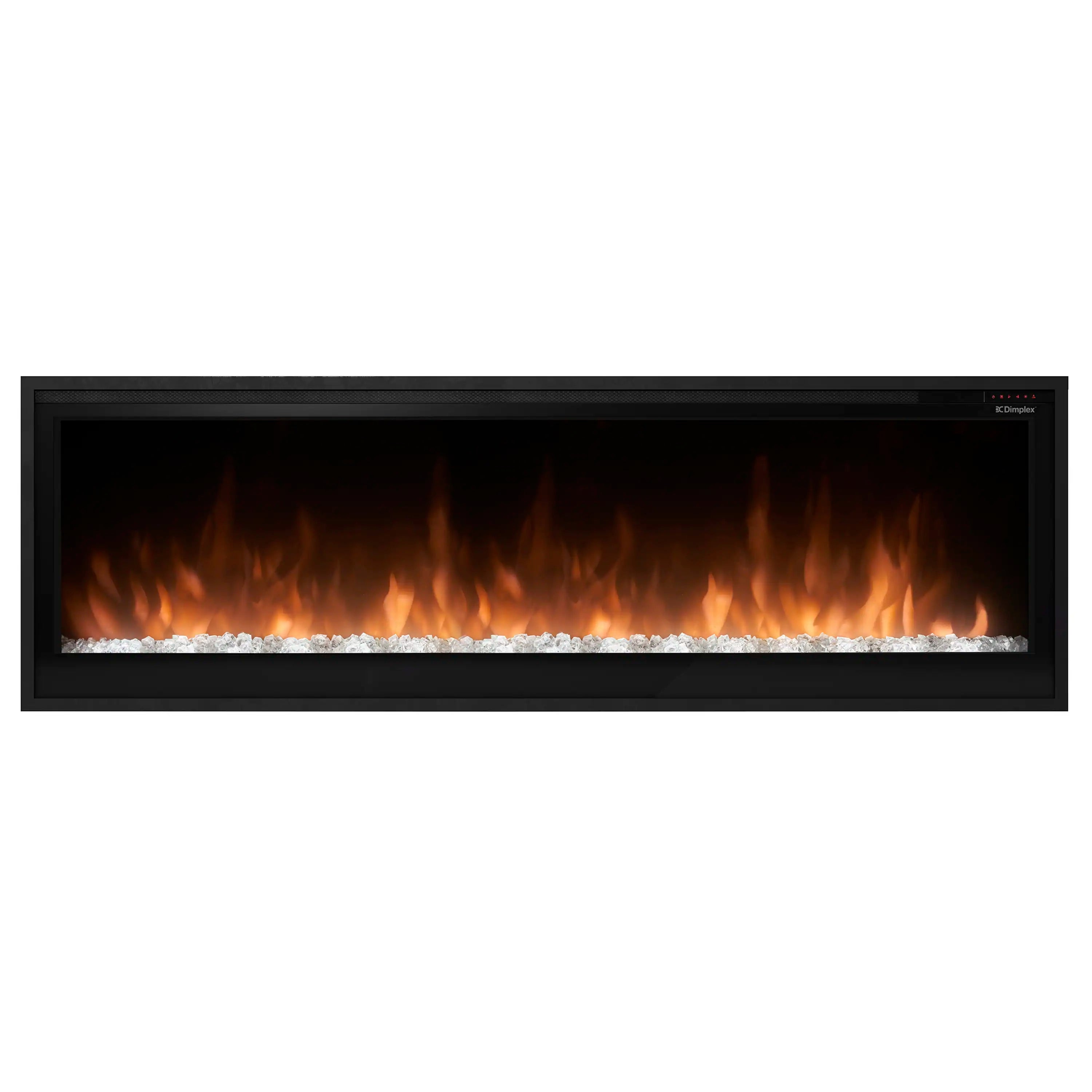Built-in linear electric fireplace with black surround and steady flame glow