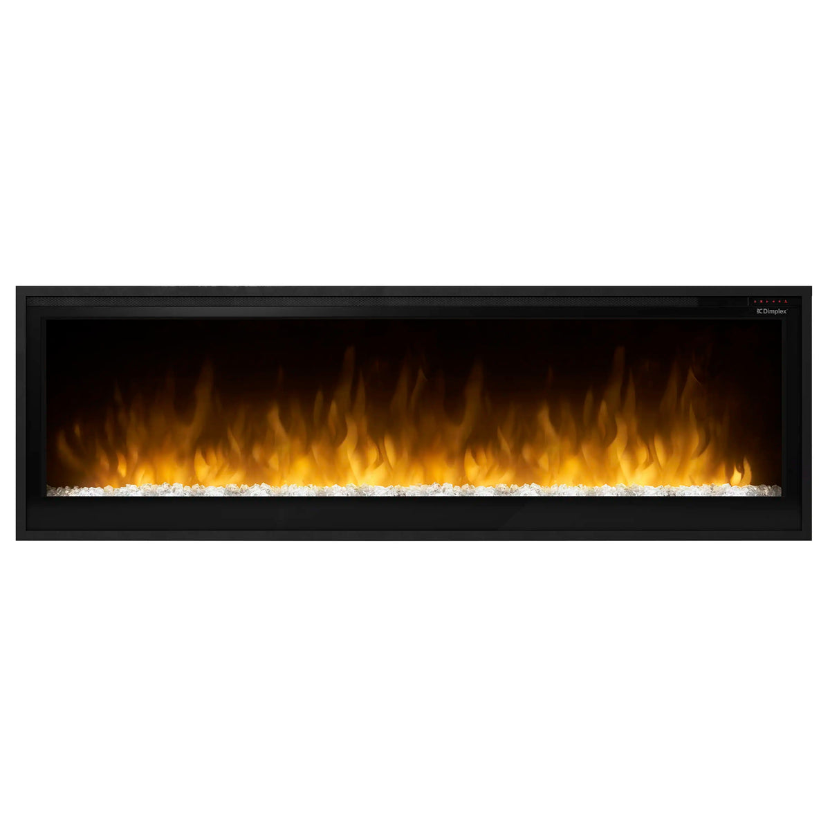 Linear electric fireplace insert with black bezel and glowing flame bed