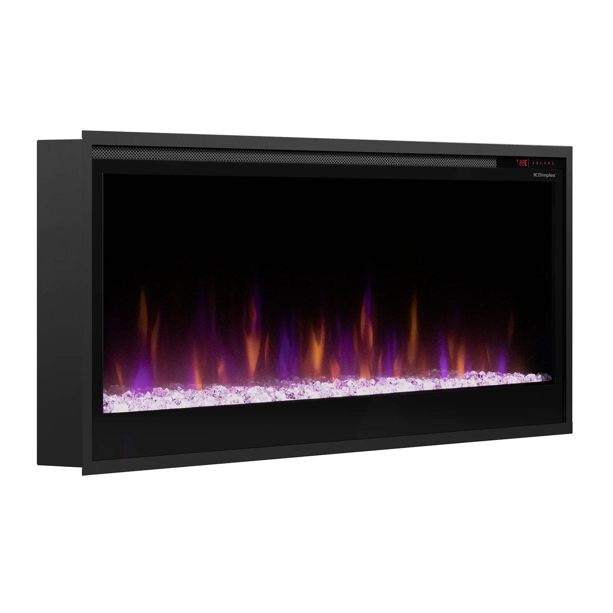 Linear electric fireplace with black front panel and purple flame display