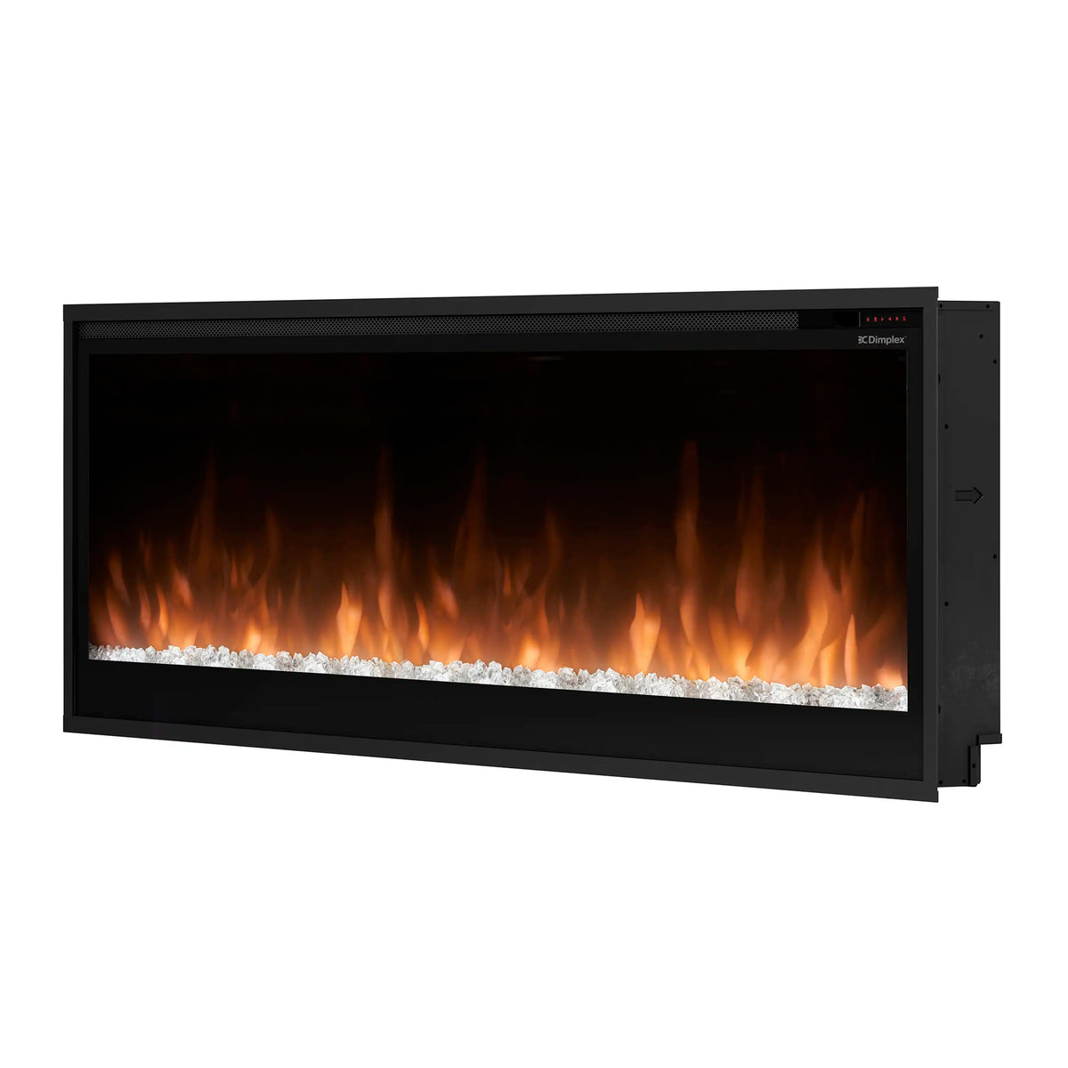 Slim built-in linear electric fireplace with black frame and orange flame effect