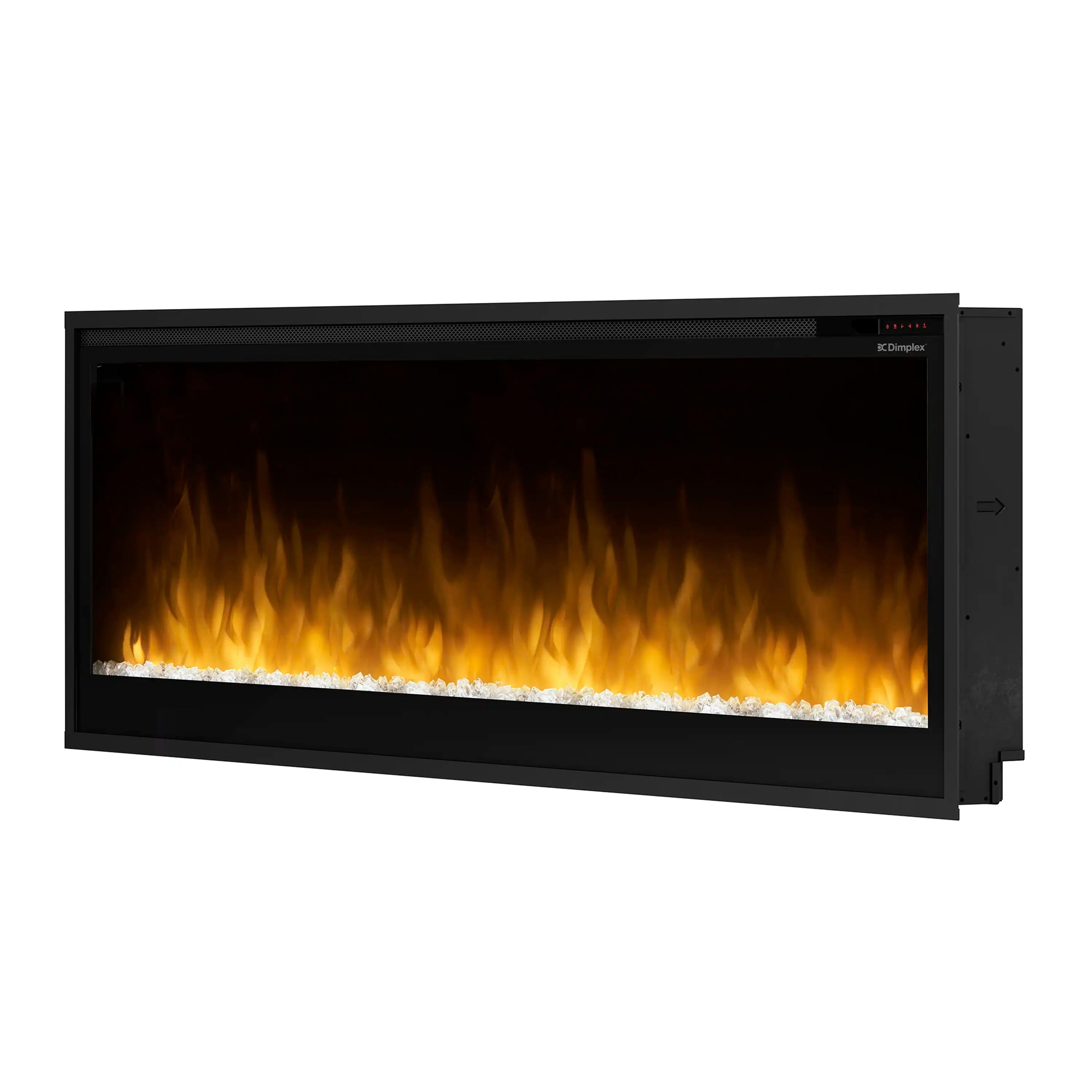Slim built-in linear electric fireplace showing bright yellow-orange flame effect