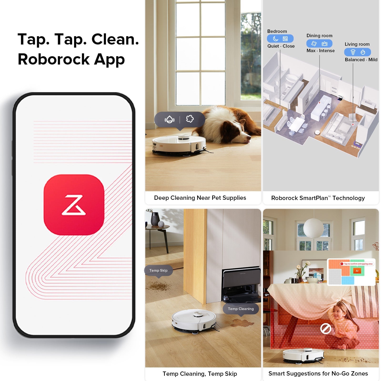 Robot vacuum with Roborock app on smartphone screen for cleaning controls