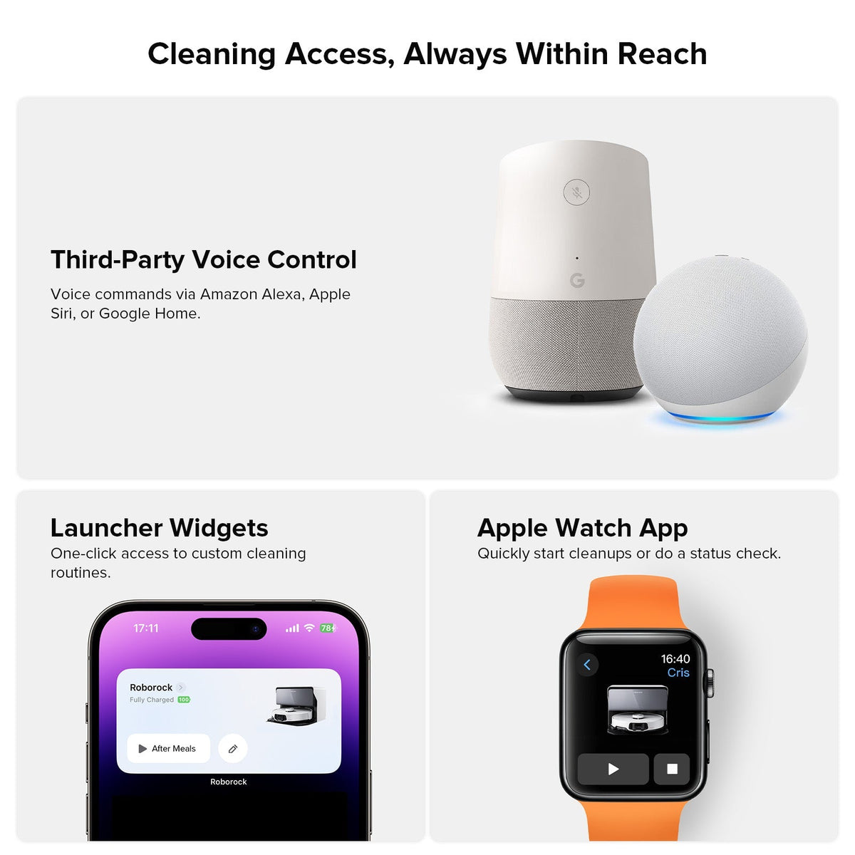 Roborock robot vacuum dock with voice assistant speaker and app on phone and watch