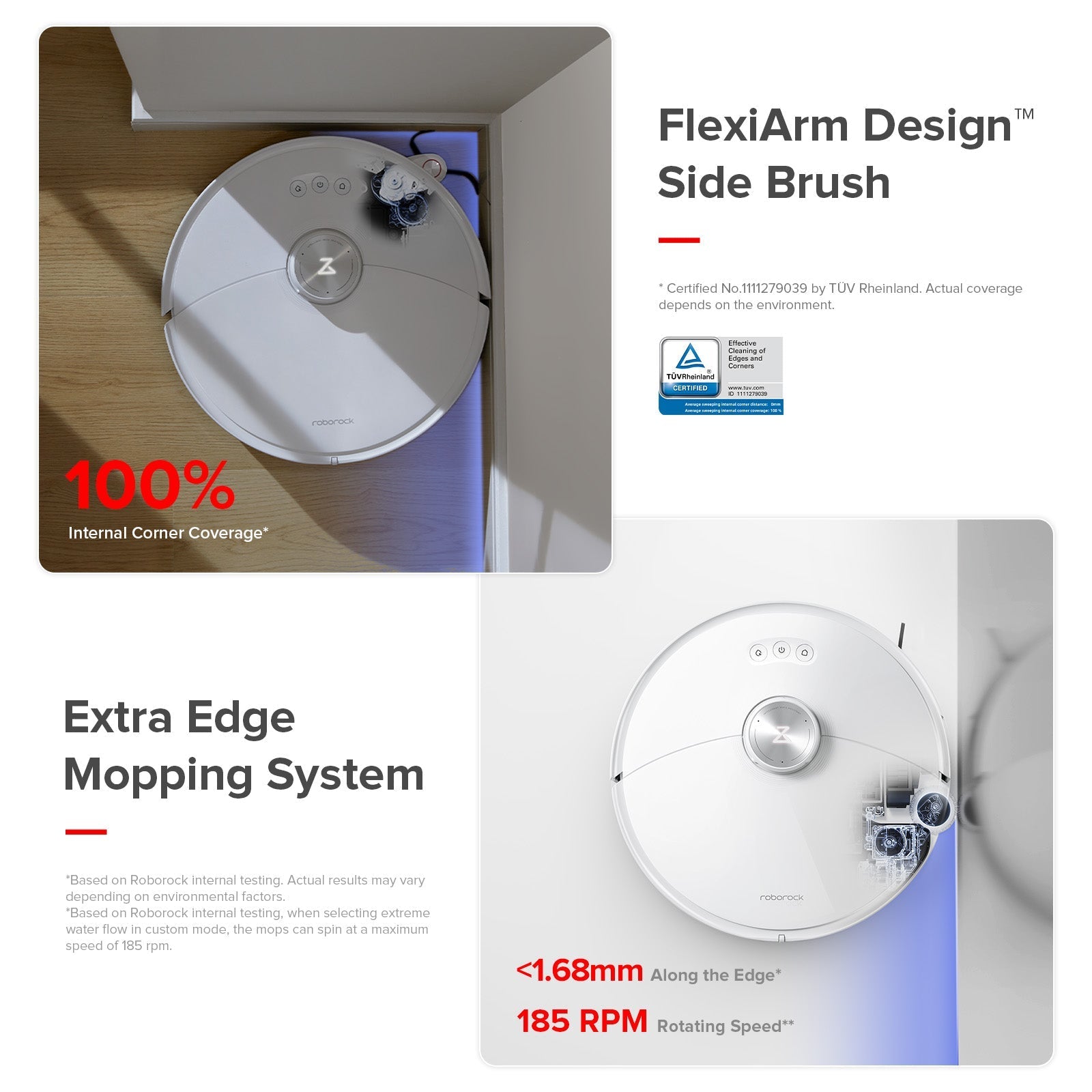 White robot vacuum top view with side brush detail