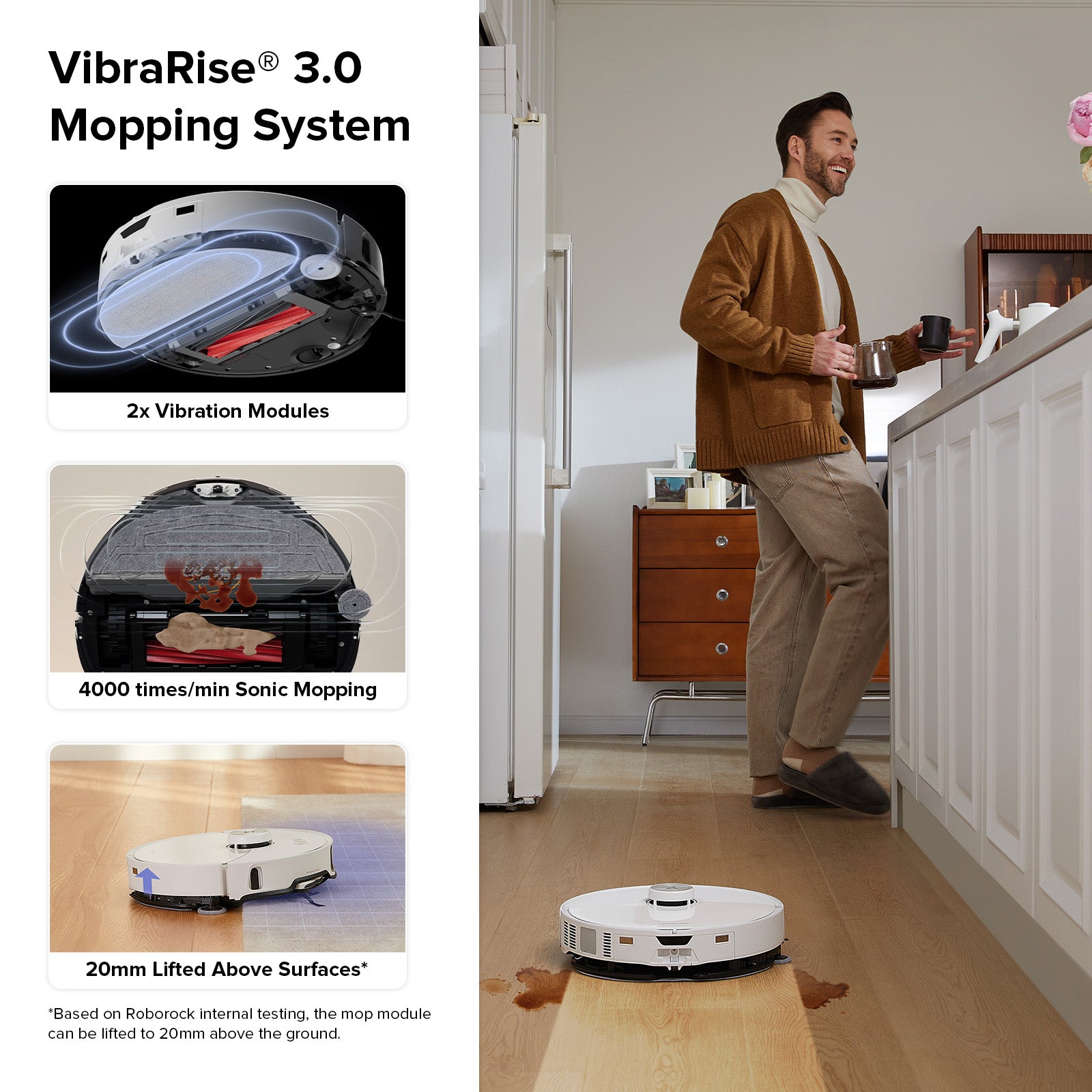 White robot vacuum on floor with lift-up mopping module