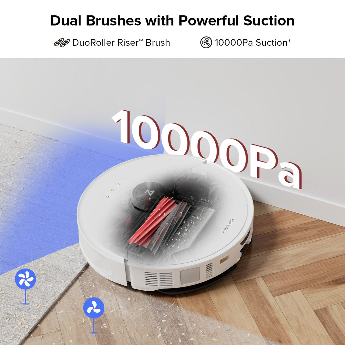 White robot vacuum near wall with dual brush and strong suction