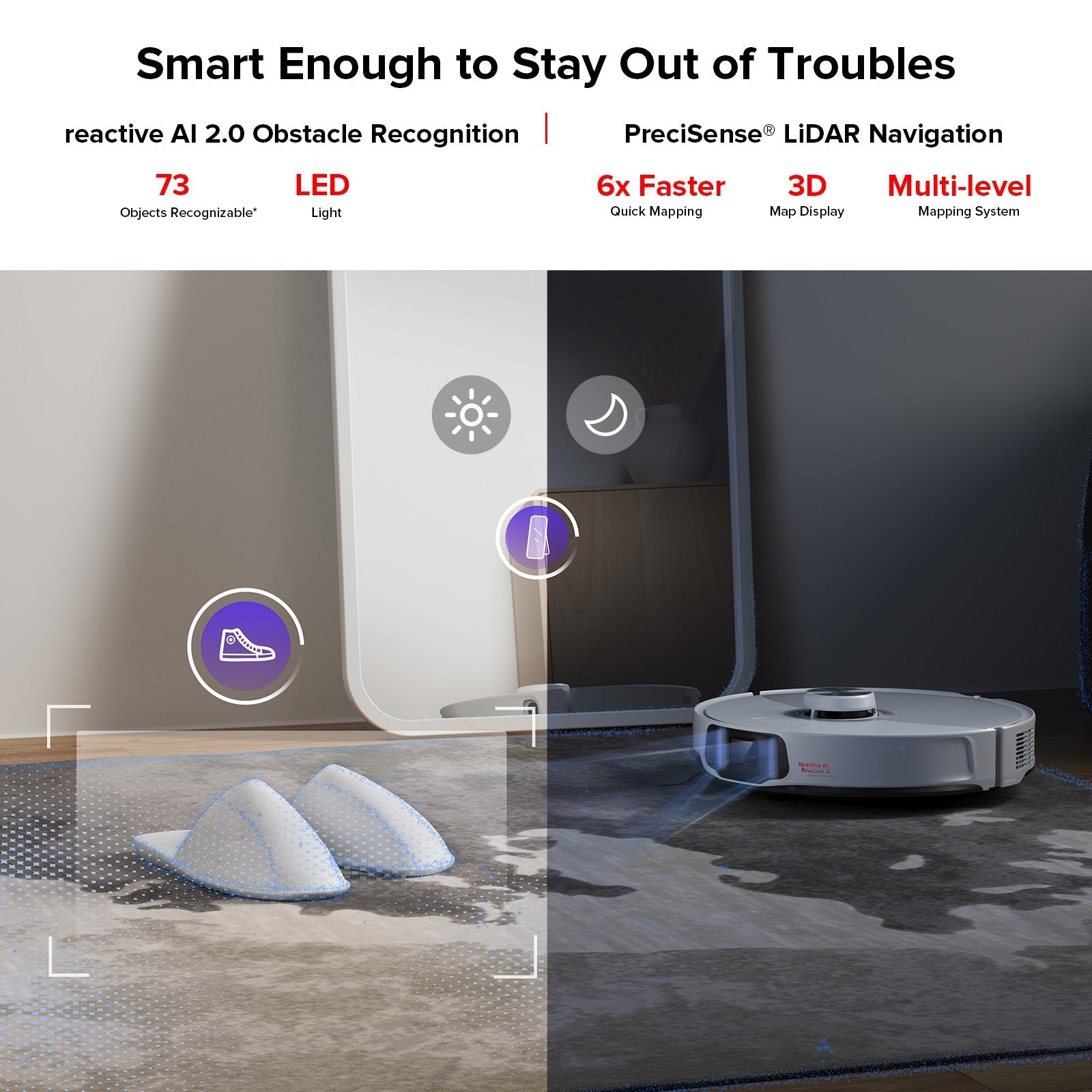 White robot vacuum on floor with obstacle-detection sensors