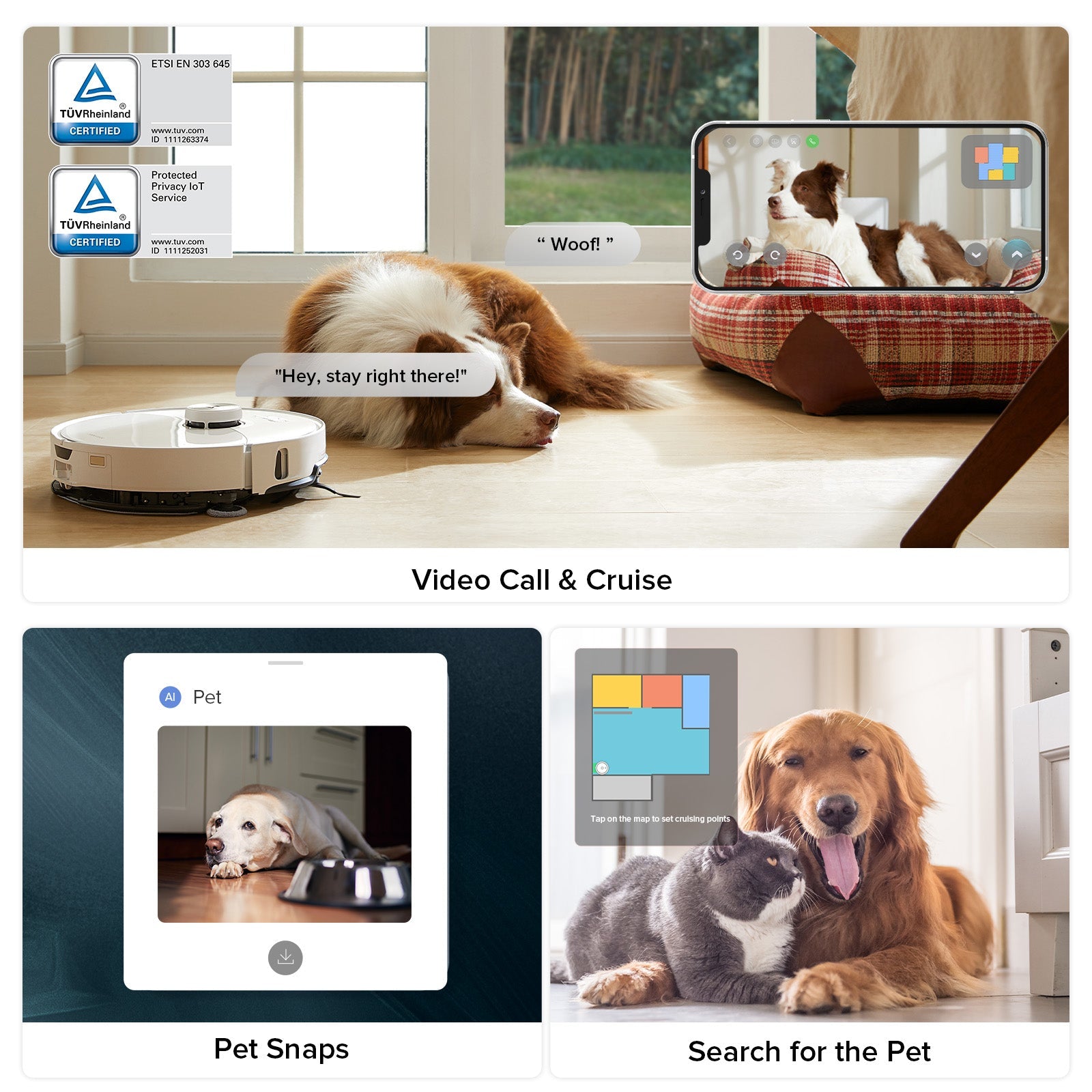 Robot vacuum near pets in a living room with screen interface