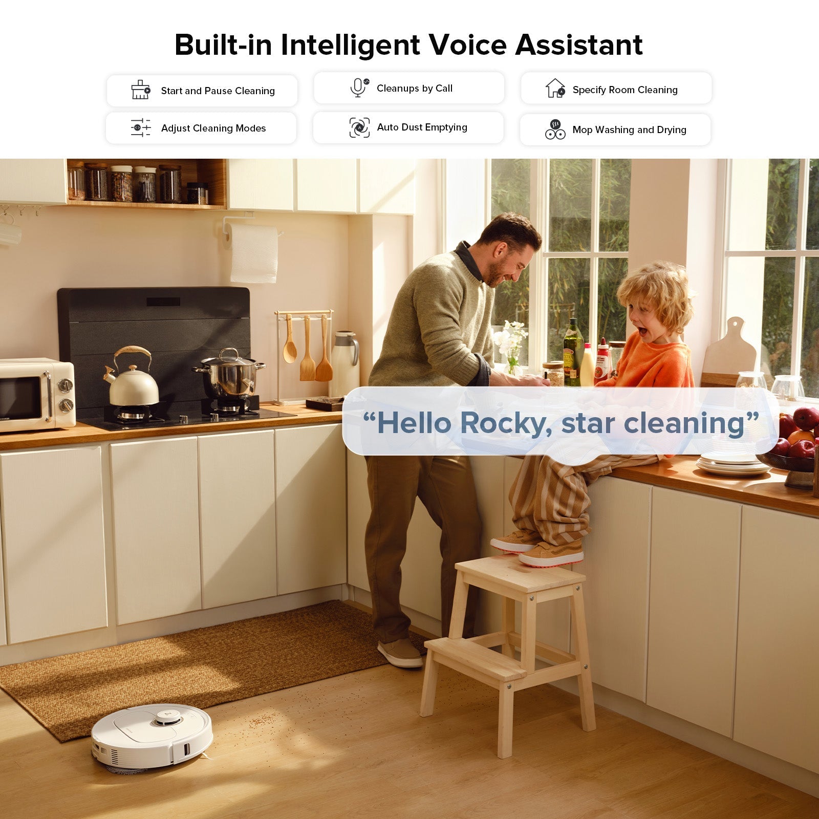 Robot vacuum on kitchen floor with family and voice assistant prompt