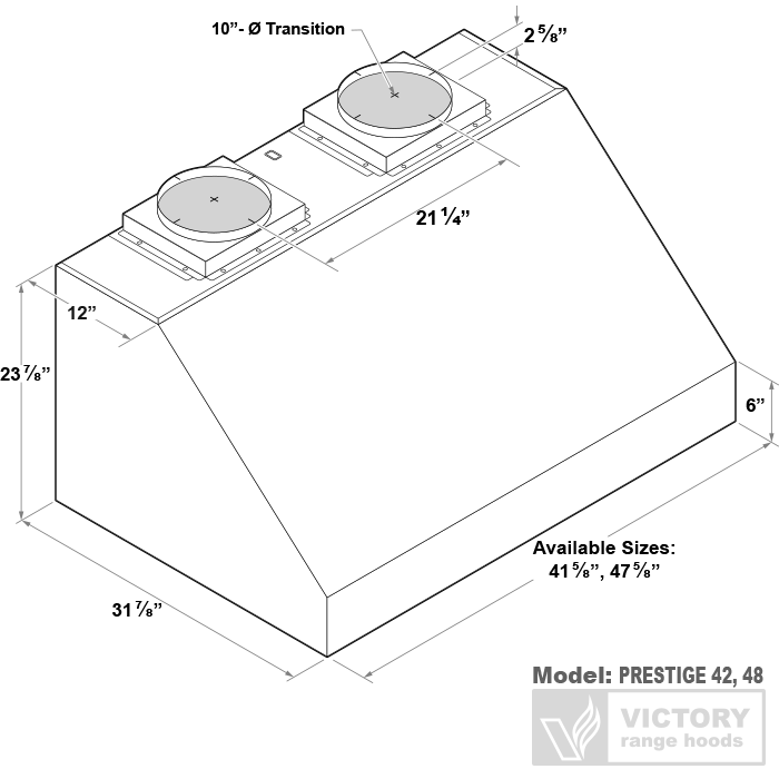Line drawing of under-cabinet range hood dimensions, model PRESTIGE 42, 48