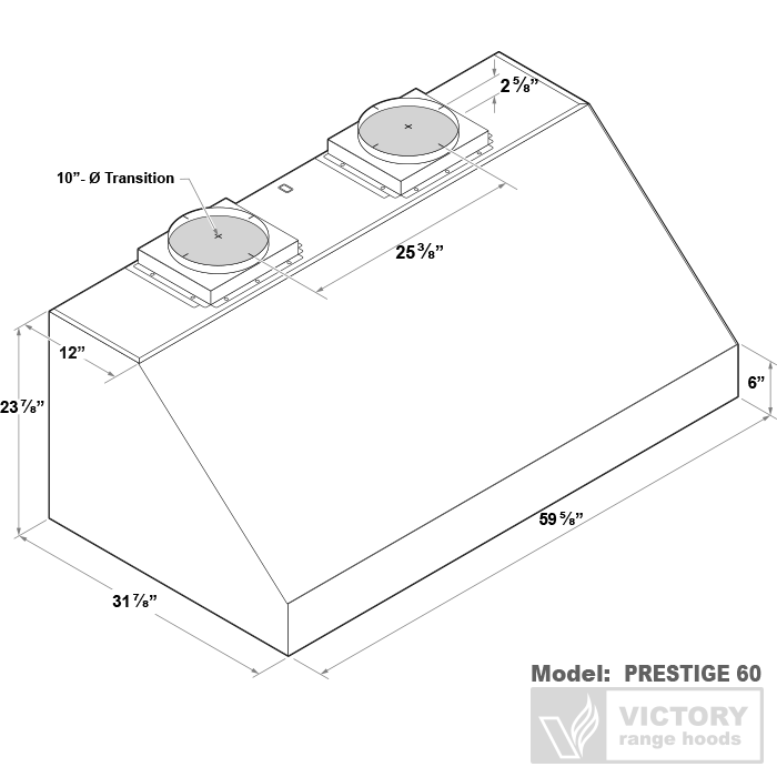 Stainless steel under-cabinet range hood dimensions diagram, Prestige 60 model