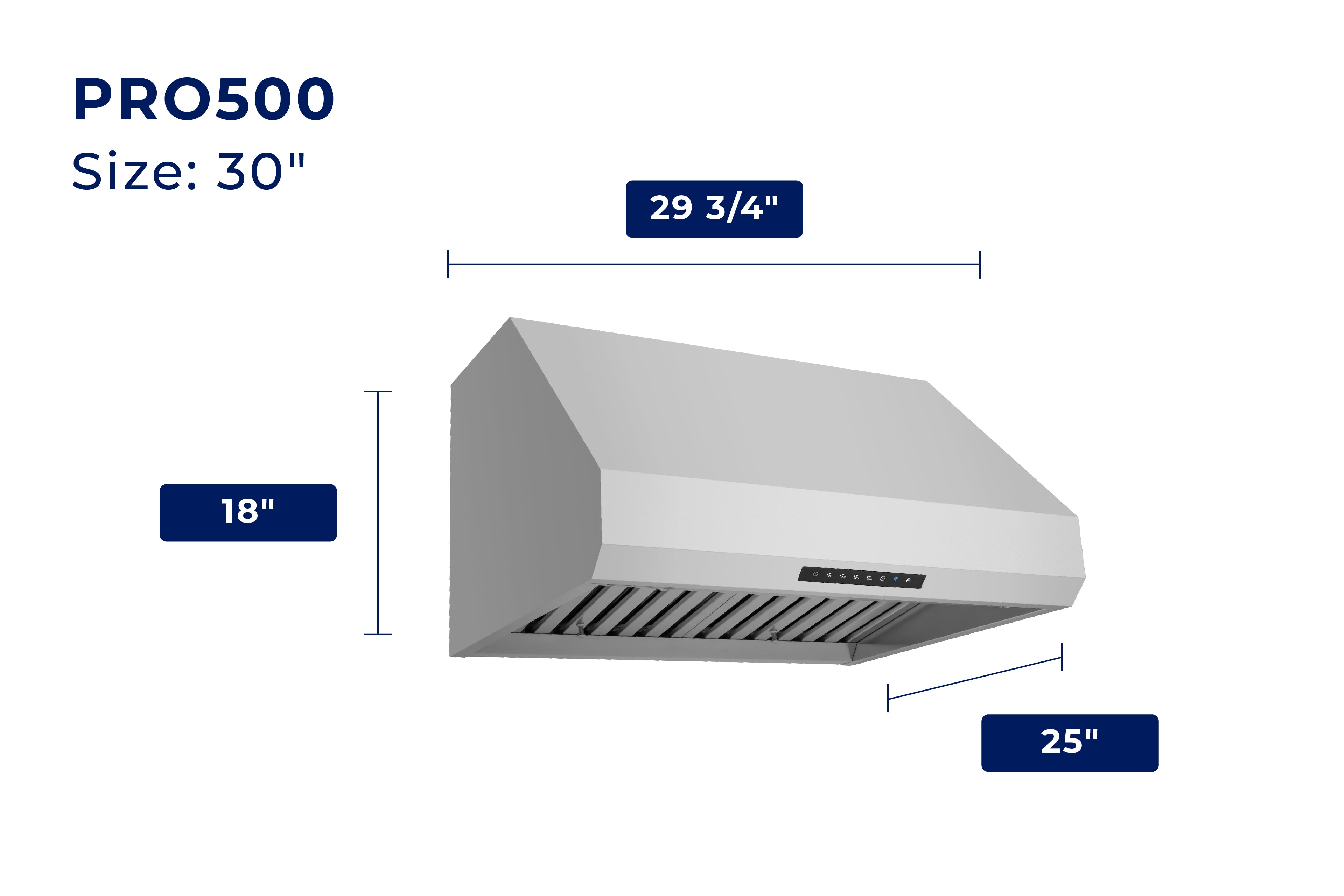 Range hood size diagram showing labeled width and depth measurements