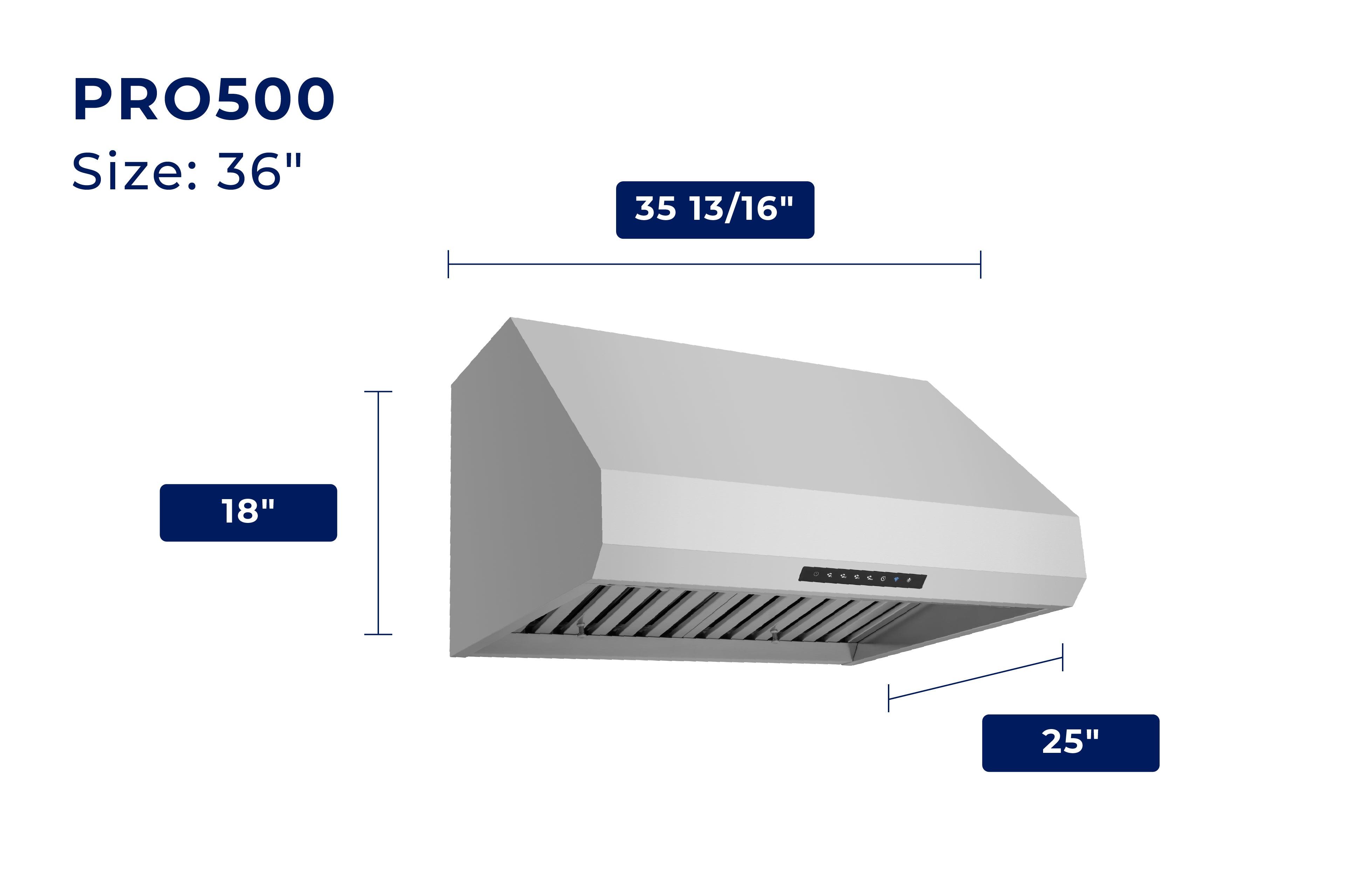 Range hood size diagram showing labeled width and depth measurements for 36"