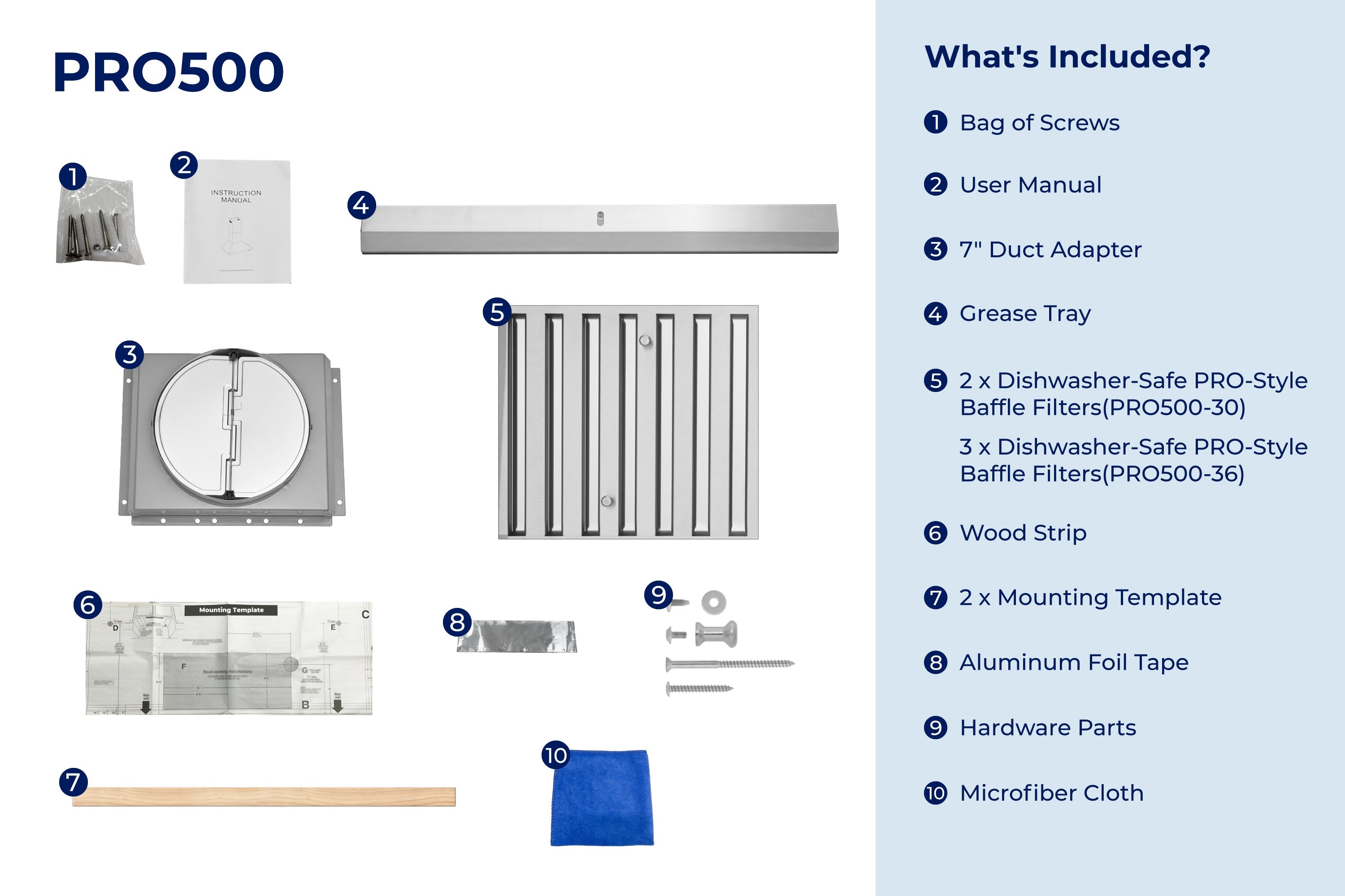 Range hood included parts diagram with mounting template, screws, and tray