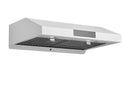 Matte white under-cabinet range hood top view with vent fan grid.