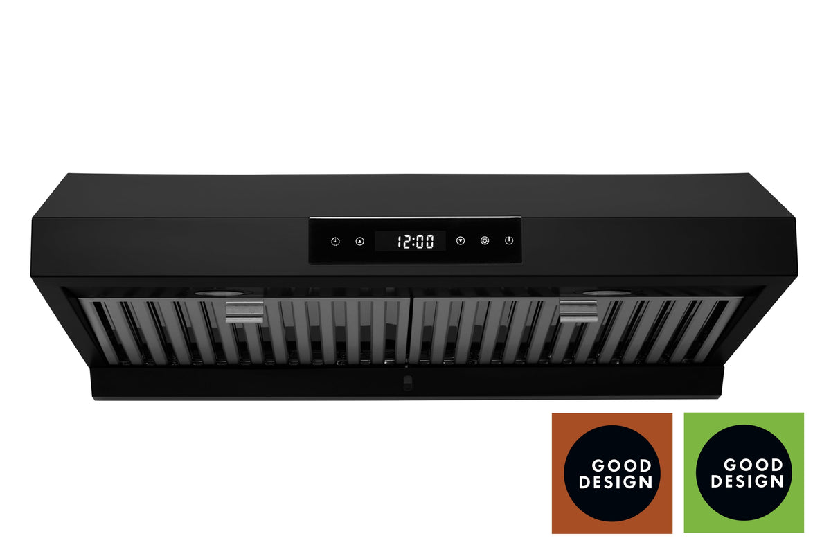 Matte black under-cabinet range hood front view with vent grille and control panel