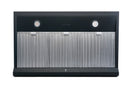 Black under-cabinet range hood front with two LED lights and vertical vent grille