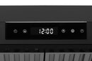 Under-cabinet range hood display panel showing 12:00 and icon buttons in black glass