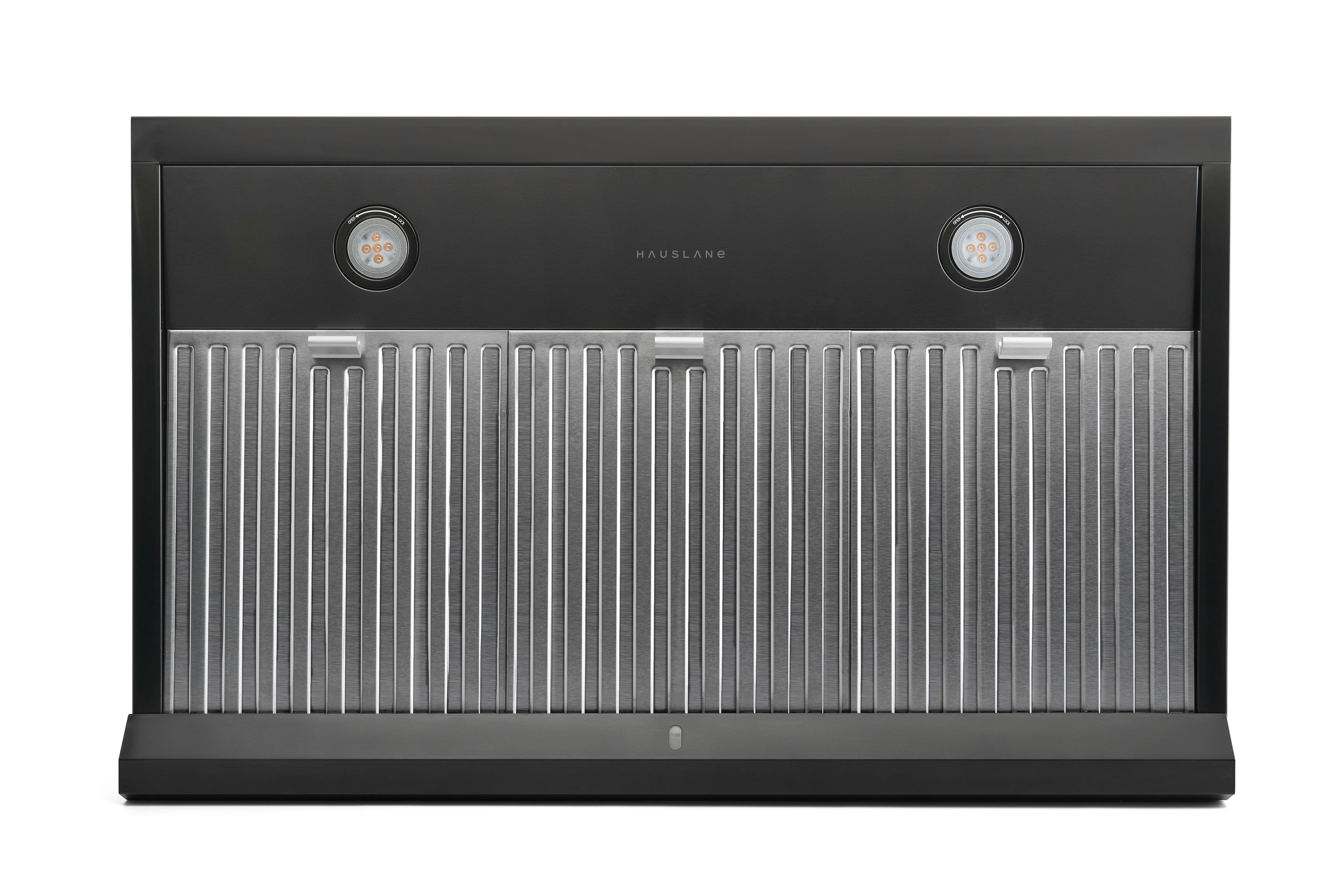 Under-cabinet range hood front panel with stainless-steel baffle filters and two LED lights
