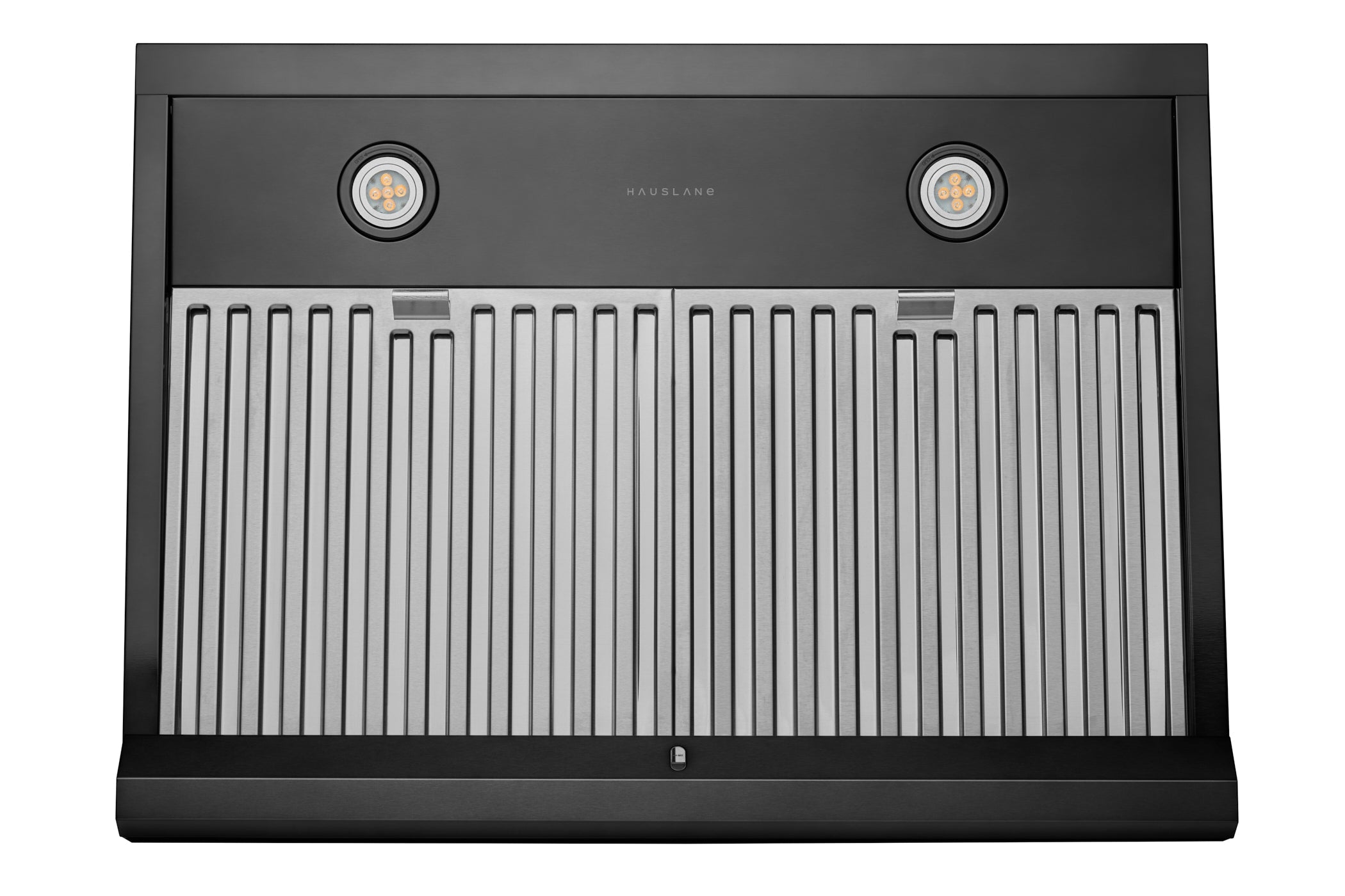 Under-cabinet range hood front with two round LED lights and stainless-steel baffle filters