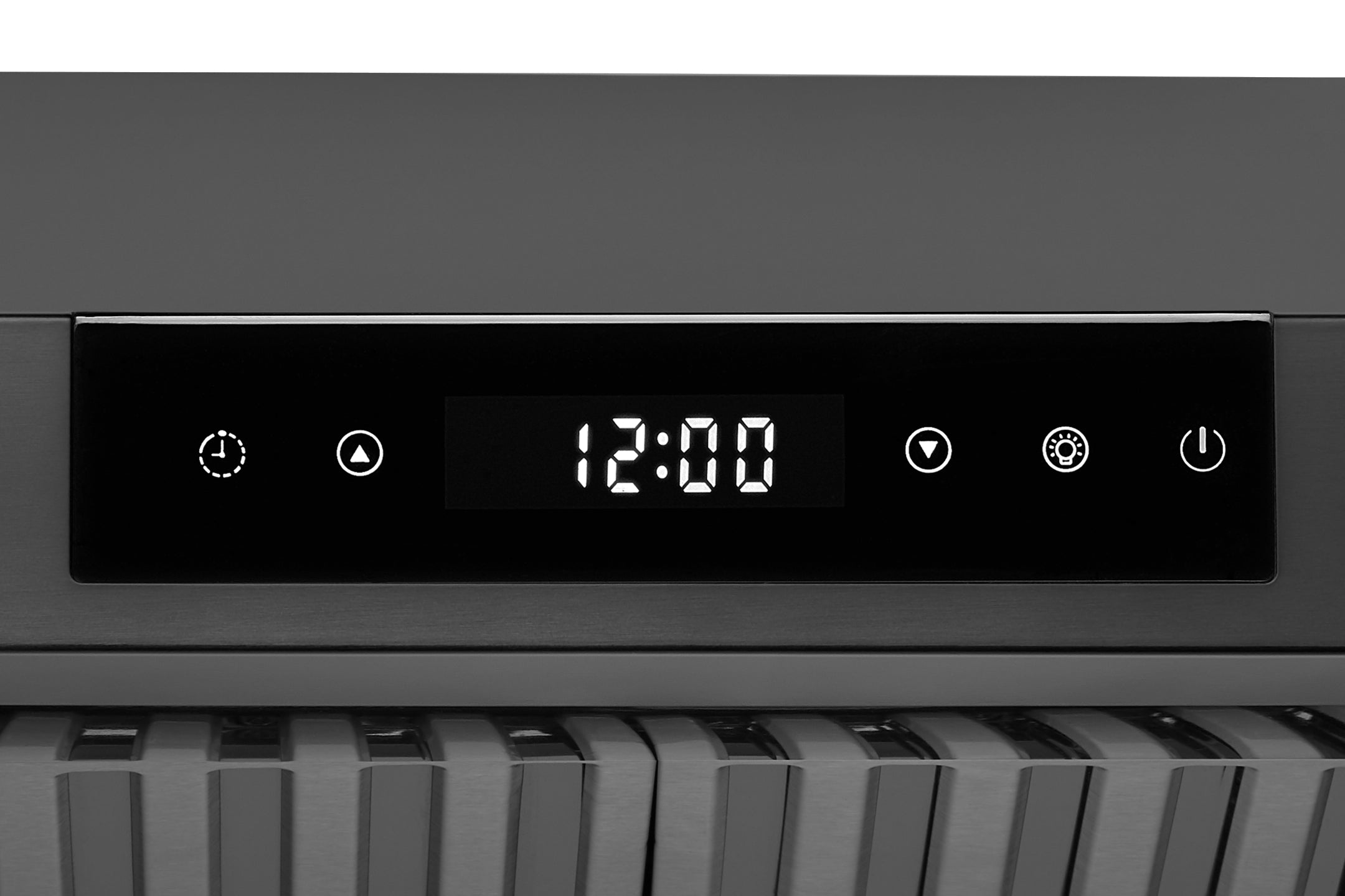 Under-cabinet range hood touch control panel with digital clock and fan icons